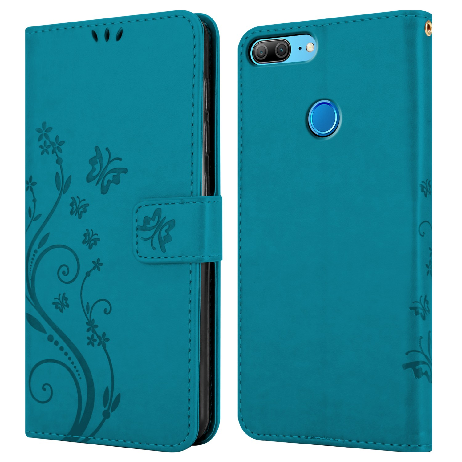 Türkisfarbene Leder-Handyhülle mit Blumenmuster. Abdeckung geöffnet, Telefon sichtbar.