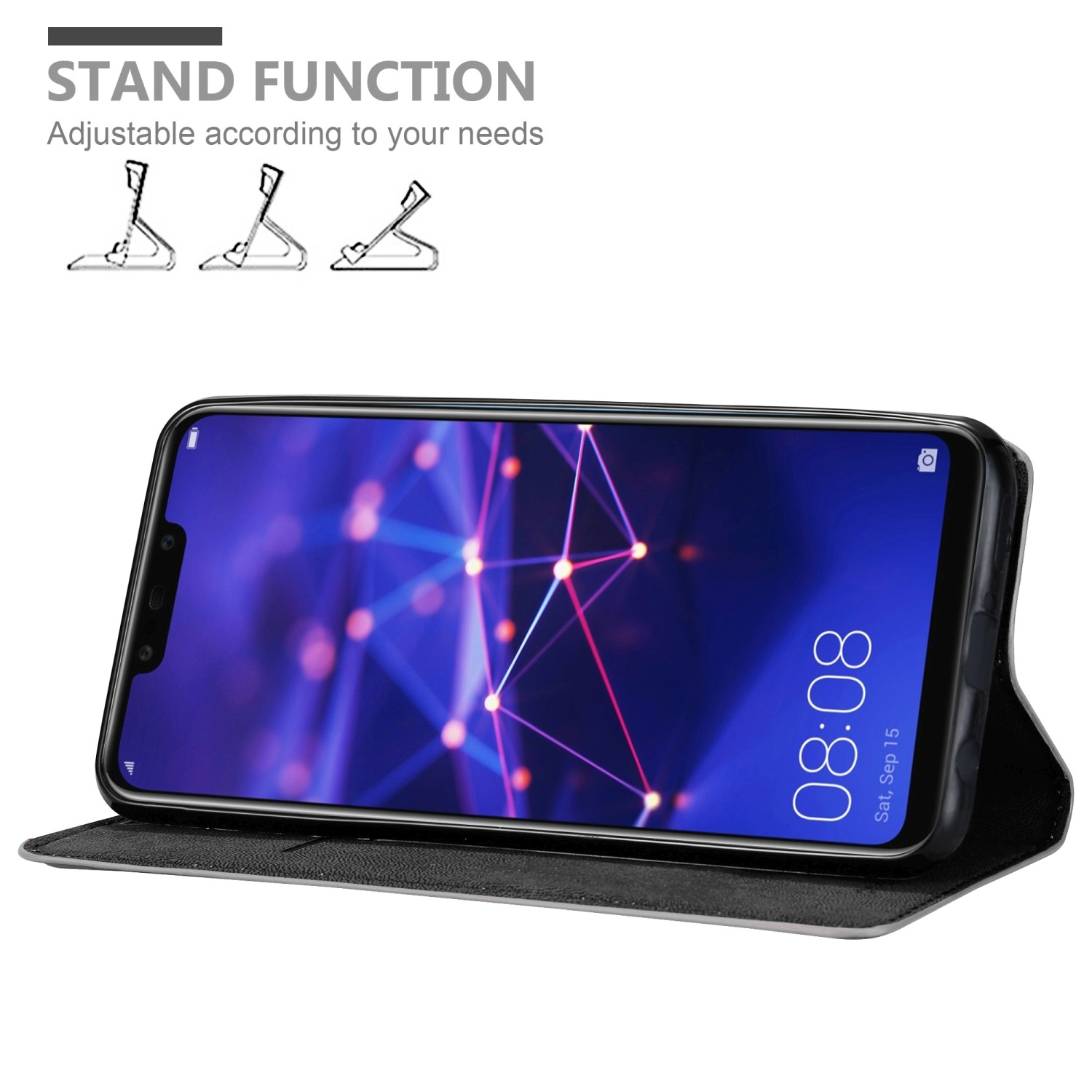 Ein Telefon ist in einem Case mit Ständer offen aufgestellt. Der Bildschirm zeigt eine Digitalanzeige.