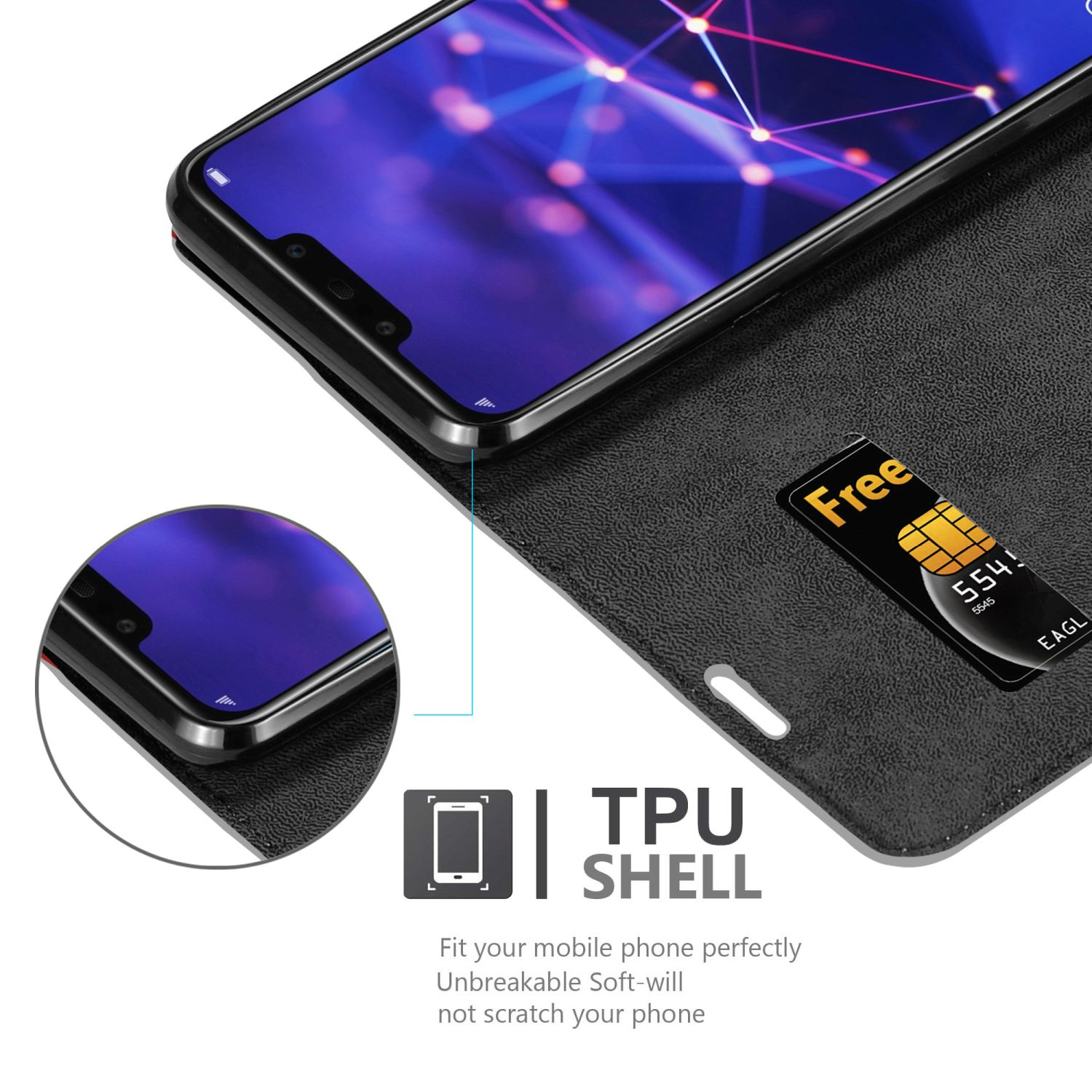 Telefonhülle offen mit einem Telefon darin, mit SIM-Karte.