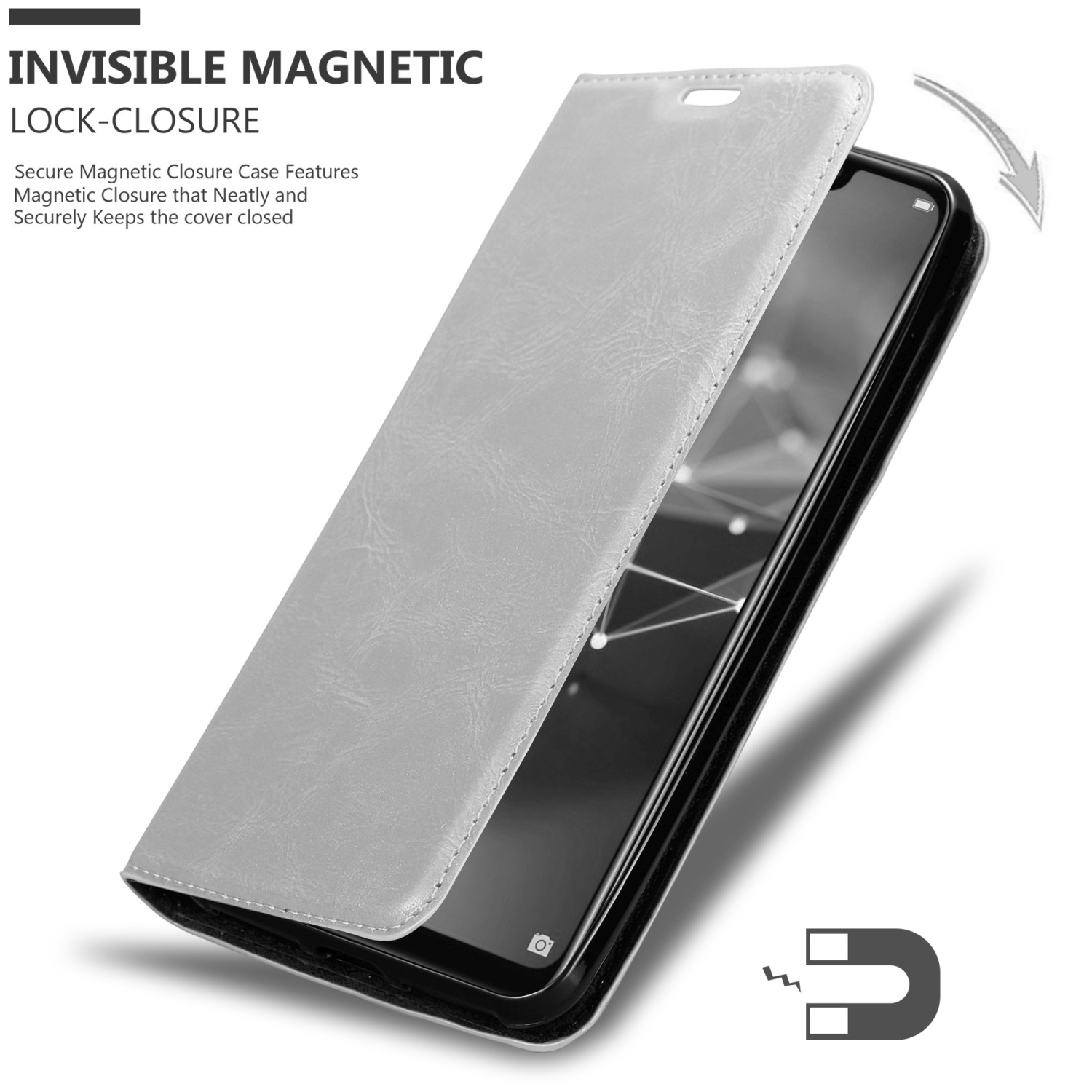 Eine graue Handyhülle ist geöffnet und zeigt einen Telefonbildschirm. Text lautet: INVISIBLE MAGNETIC LOCK-CLOSURE.