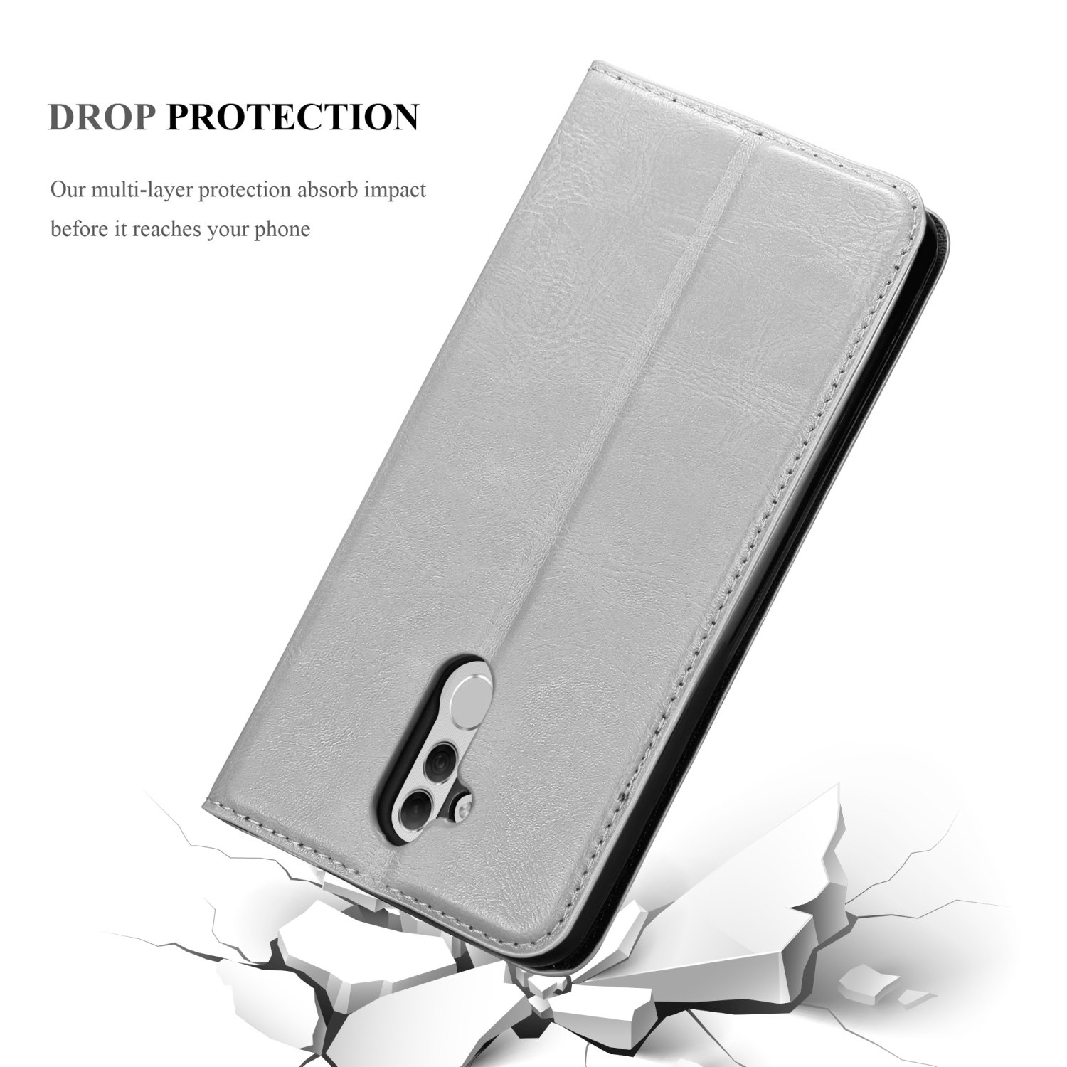 Graue Handyhülle mit einem Telefon. Text "DROP PROTECTION" und "Our multi-layer protection...".