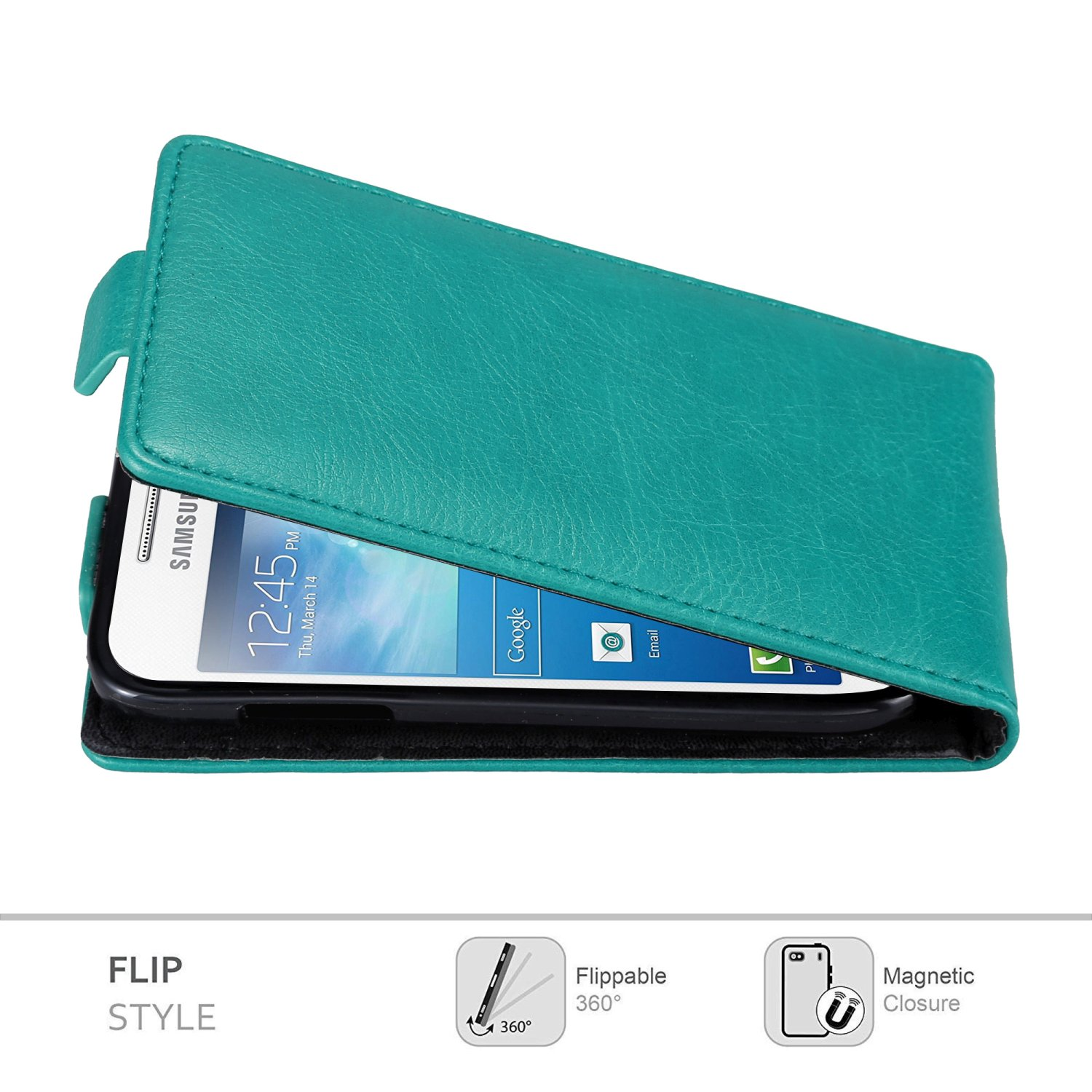 Custodia per telefono verde acqua in stile flip, aperta. Testo: Flip Style, Fippable 360, Chiusura magnetica.