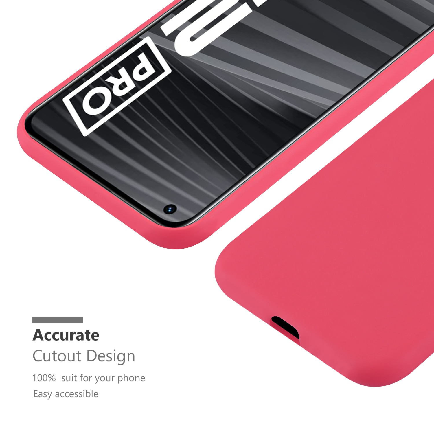 Eine rote Handyhülle mit einem Telefon darin, zeigt das Ausschnittdesign und Text über das Design.