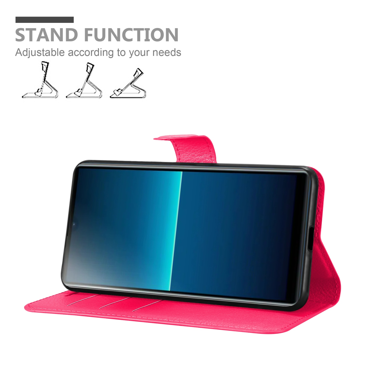 Custodia rosa con funzione stand. Telefono dentro. Sfondo bianco.