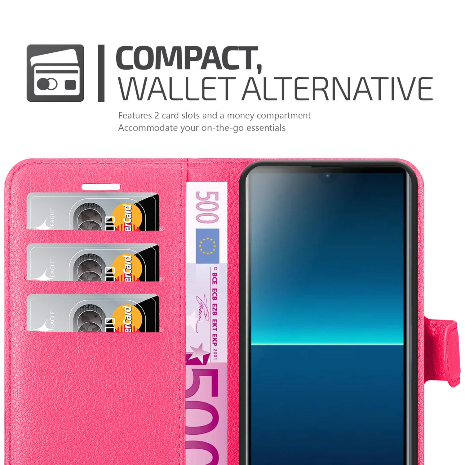 Una custodia rosa per telefono con design a portafoglio. Tre carte e 500 euro visibili.