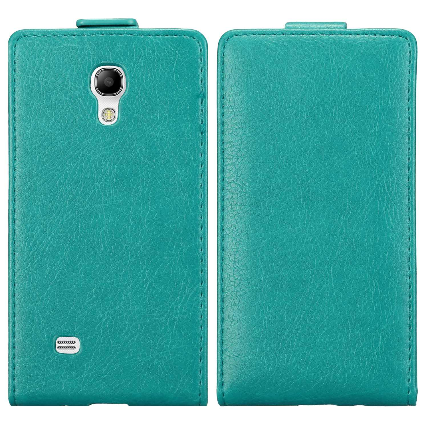 Custodia per telefono color verde acqua, aperta. Il telefono non è dentro. La custodia è strutturata e simile alla pelle.