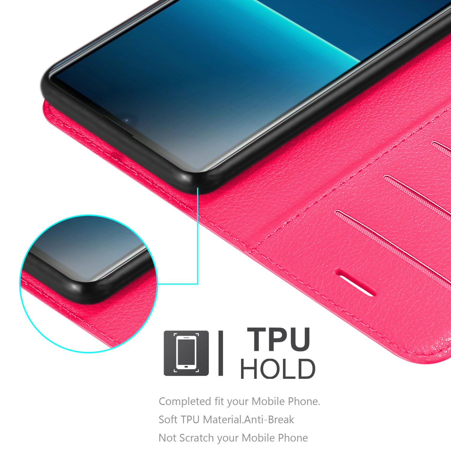 Custodia rosa aperta, con telefono dentro. Testo 'TPU HOLD' con info aggiuntive su materiale e caratteristiche.