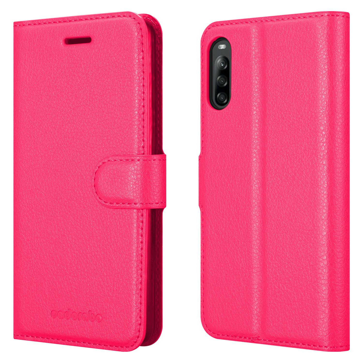 Custodia per telefono rosa, aperta, con il telefono a destra. Sfondo bianco.