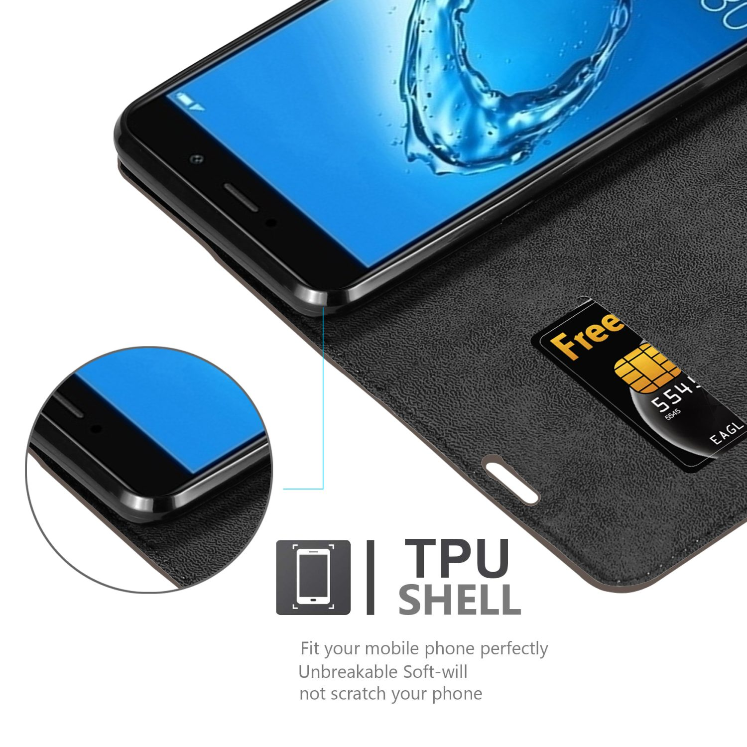 Schwarzes Telefon in Hülle mit SIM-Karte. Das Telefon liegt auf Leder.