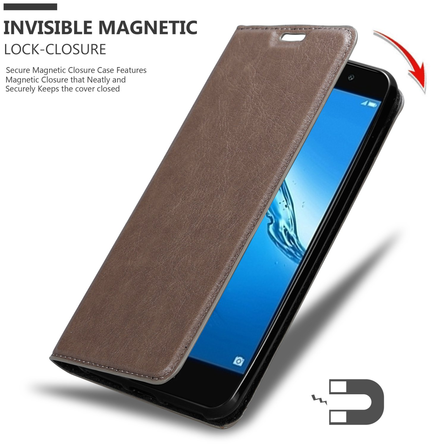 Braune Leder-Handyhülle geöffnet, Telefon mit schwarzem Bildschirm zeigend. Magnet-Symbol. Weißer Hintergrund.