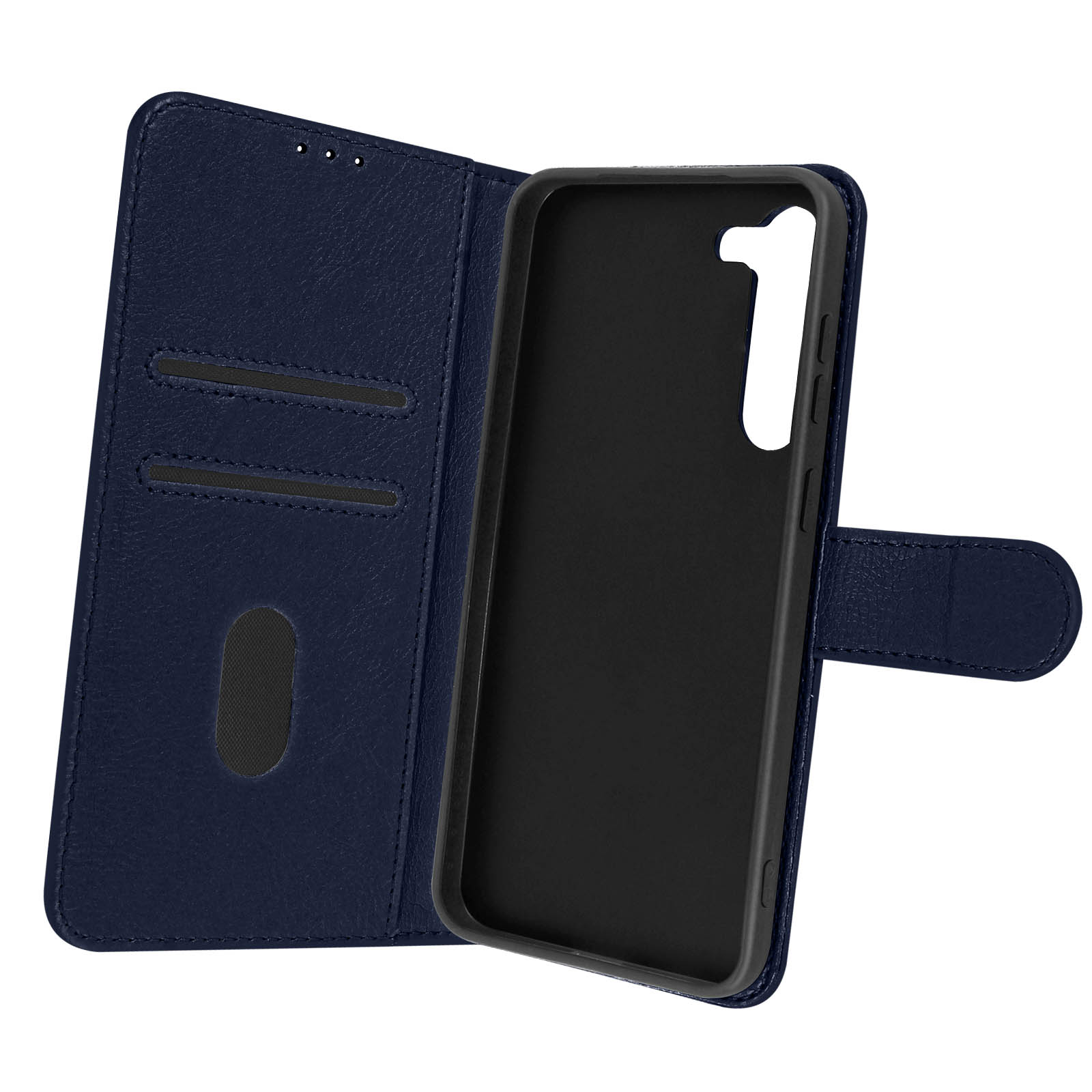 Blauw telefoonhoesje, open om de binnenkant en de telefoon te laten zien.