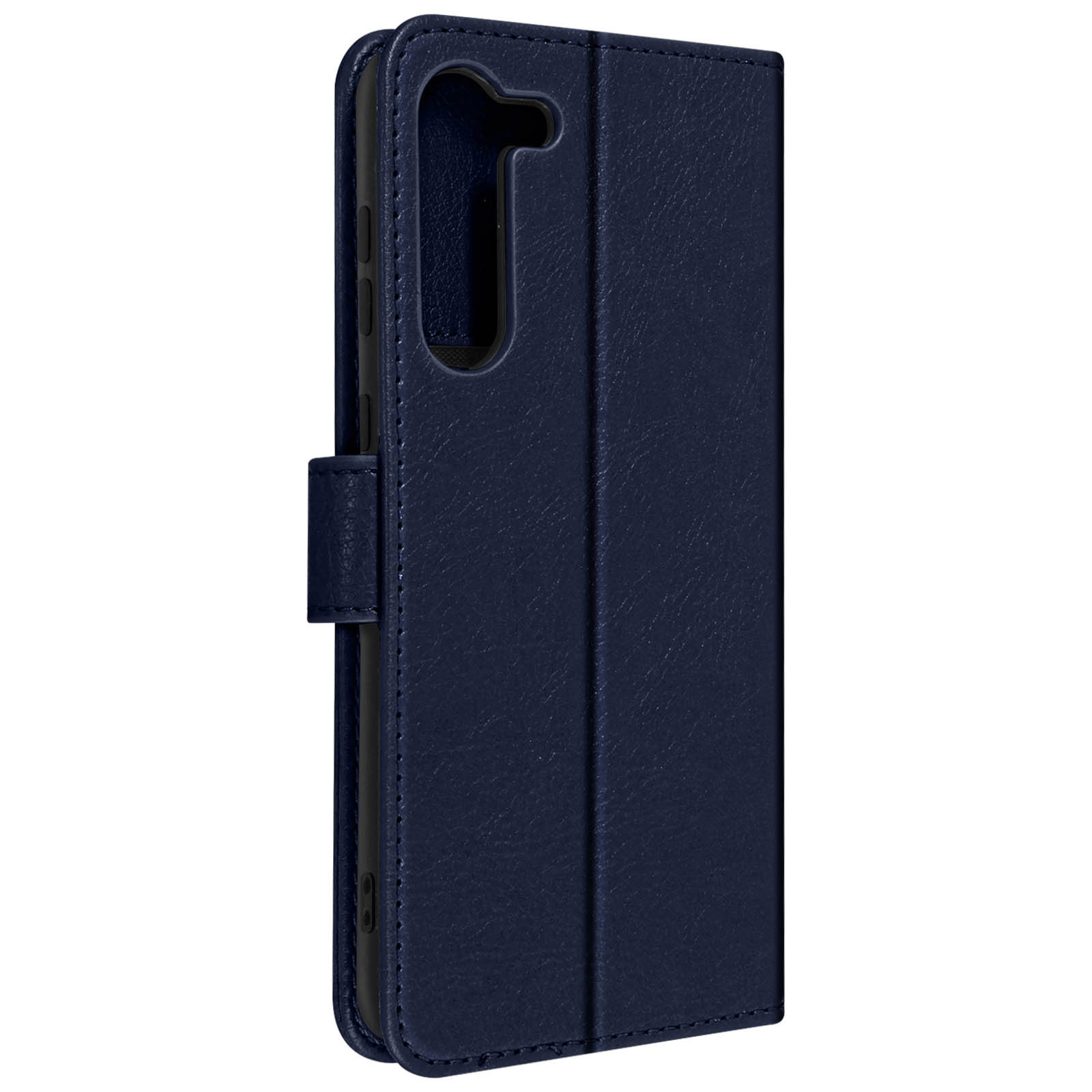Gesloten donkerblauwe telefoonhoes met magneetsluiting. De binnenkant is zwart.