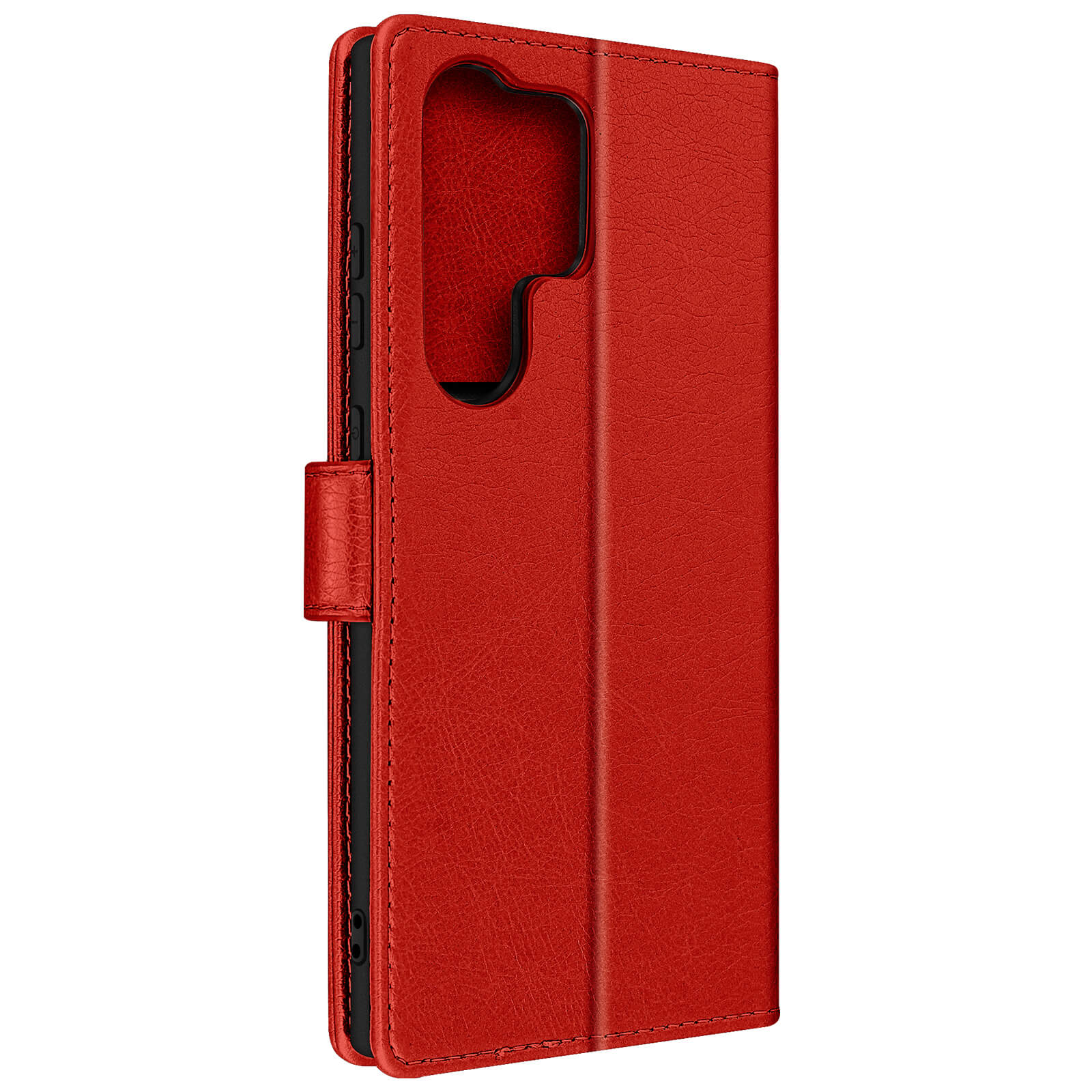 Rode leren telefoonhoes. De hoes is gesloten en heeft een magnetische sluiting.