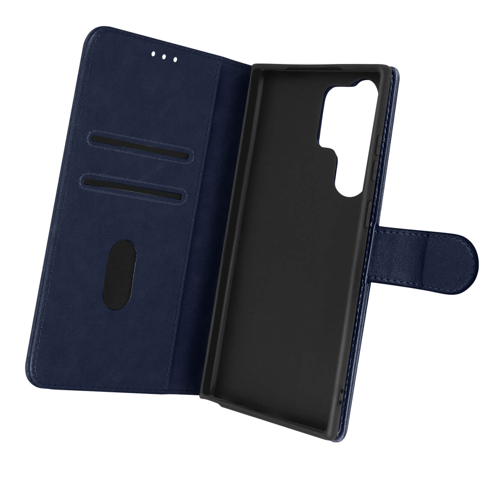 Custodia blu scuro, aperta. Il telefono è all'interno. Tre fori in alto.
