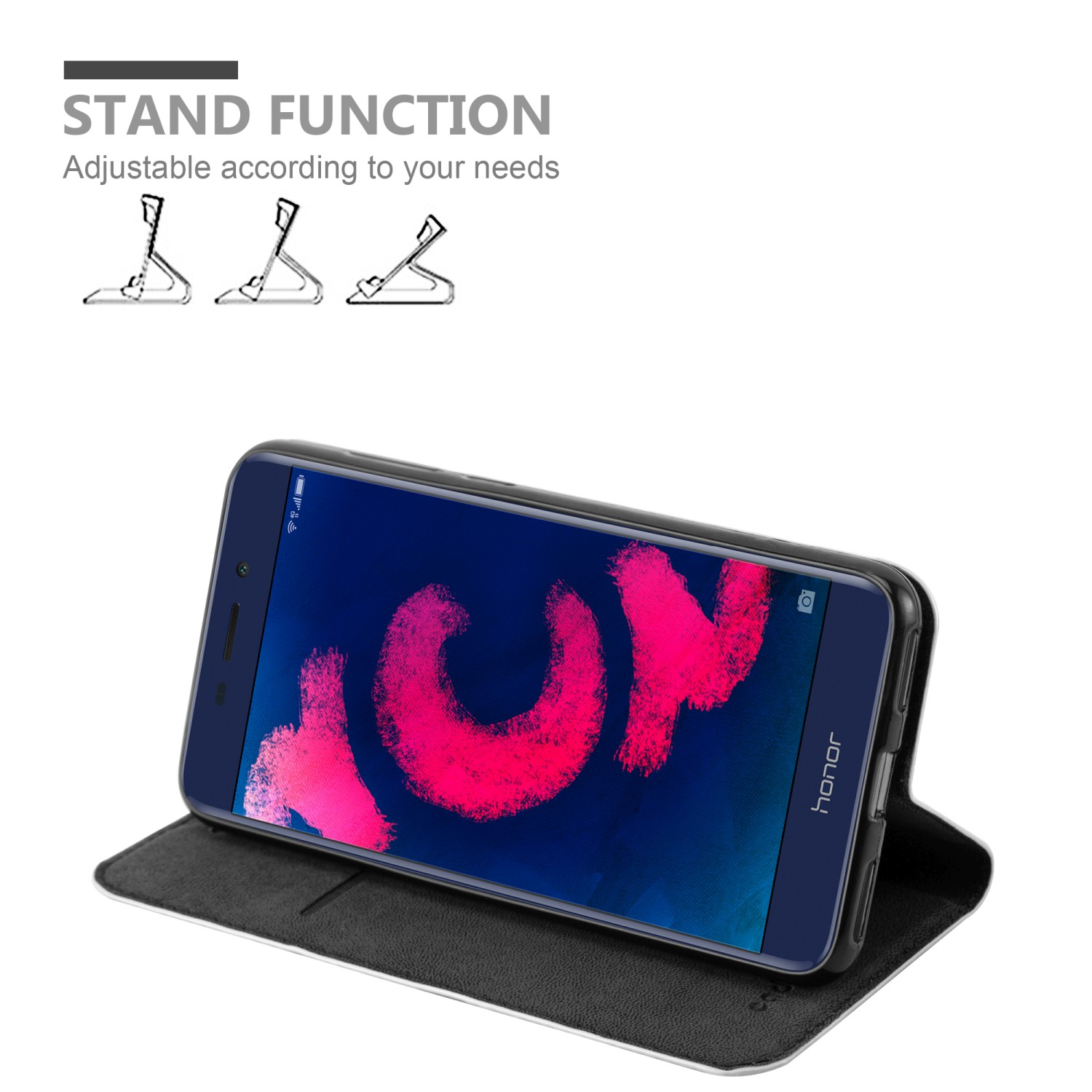 Telefon in schwarzer Hülle, offen. Anzeige zeigt Text. Weißer Hintergrund mit Stand-Symbolen.