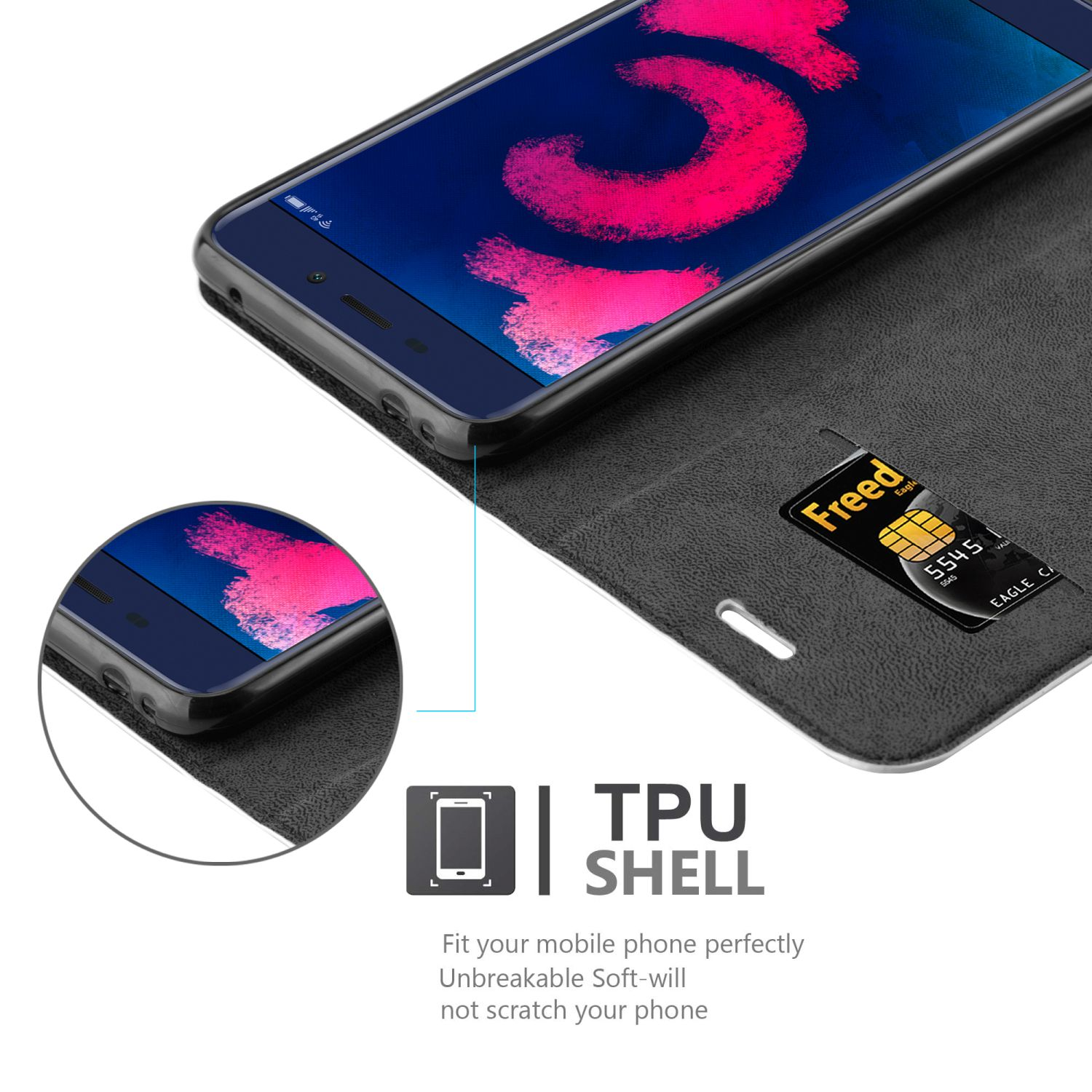 Schwarze Handyhülle mit einem Telefon, das den Bildschirm zeigt. Text "TPU SHELL" und Informationen.
