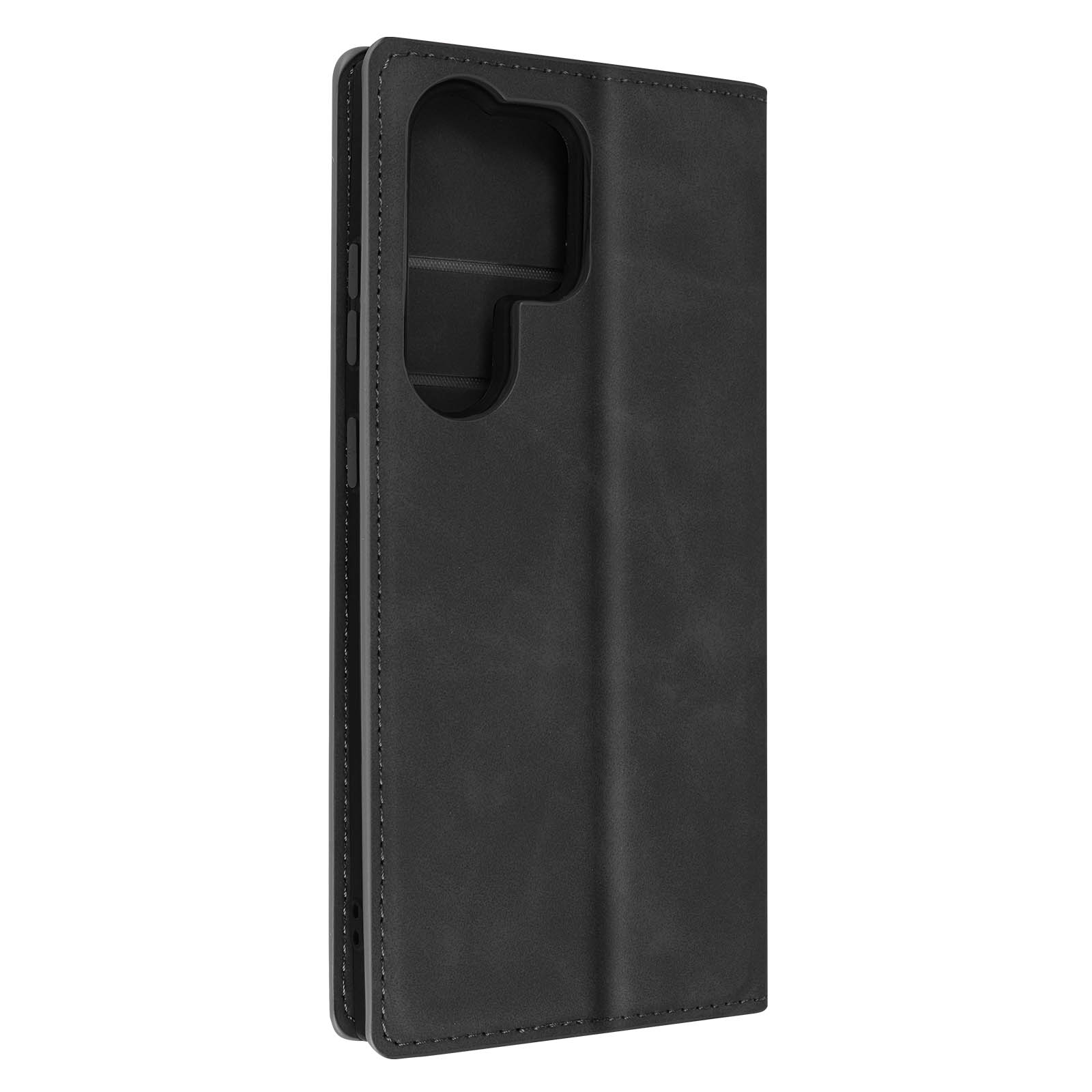 Een gesloten zwarte telefoonhoes, gemaakt van een mat materiaal met een gestikte rand.