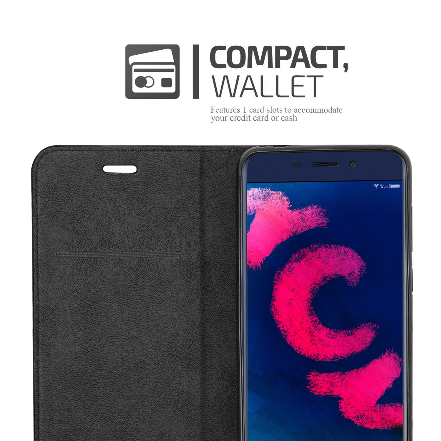 Schwarze Handyhülle mit einem Telefon darin. Der Text lautet „COMPACT, WALLET“. Weißer Hintergrund.
