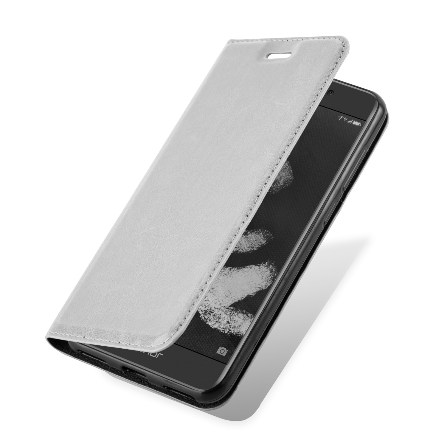 Eine graue Handyhülle ist geöffnet und zeigt einen Telefonbildschirm. Das Telefon ist schwarz.