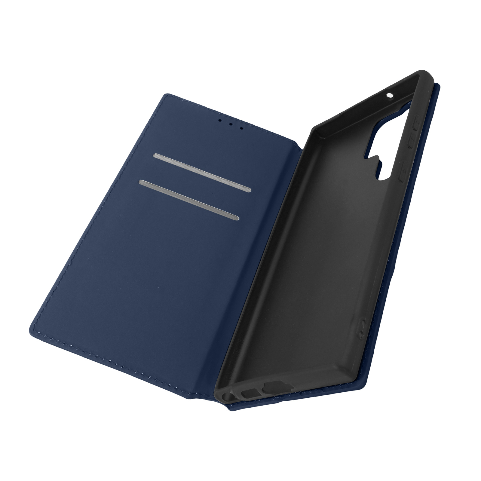 Blauwe telefoonhoes met telefoonscherm.