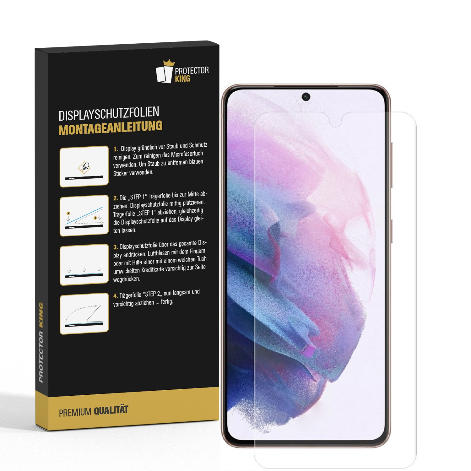 Eine Displayschutzfolie mit Anweisungen auf einer schwarzen Schachtel, neben einem Telefon.