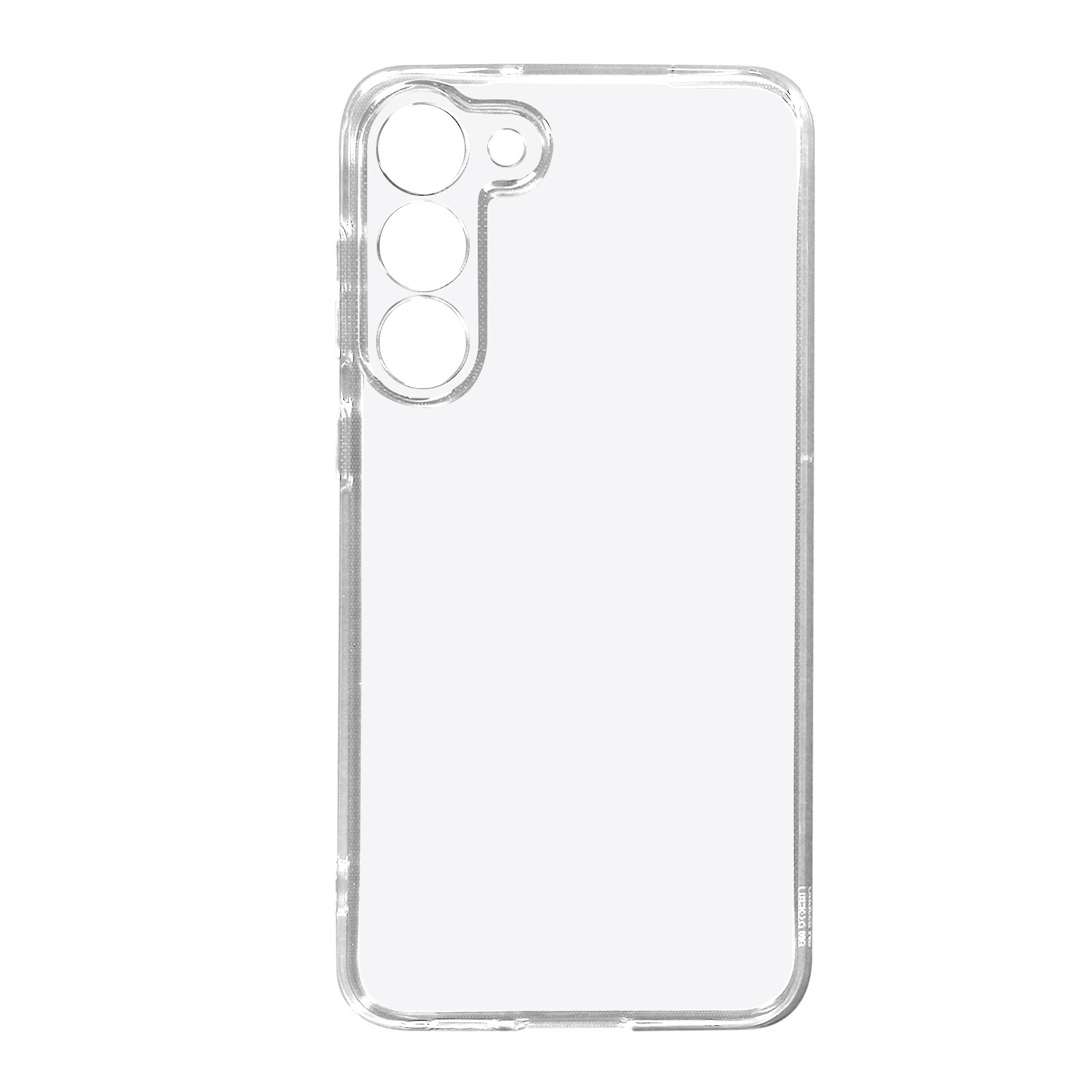Een transparant telefoonhoesje. De hoes heeft drie cameralenzen. Witte achtergrond.