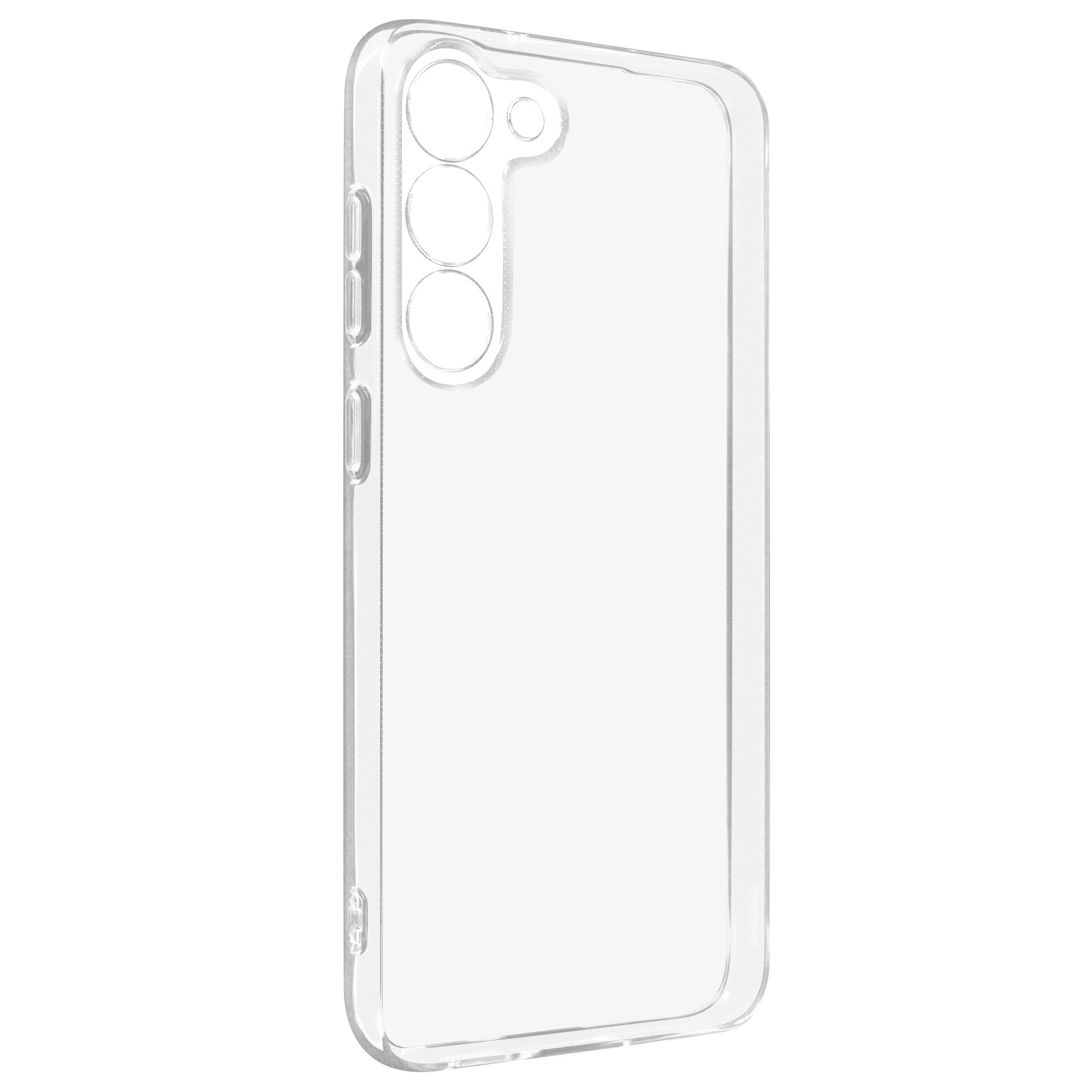 Transparante telefoonhoes met camera-uitsparingen, zijknopjes en poorten zichtbaar.