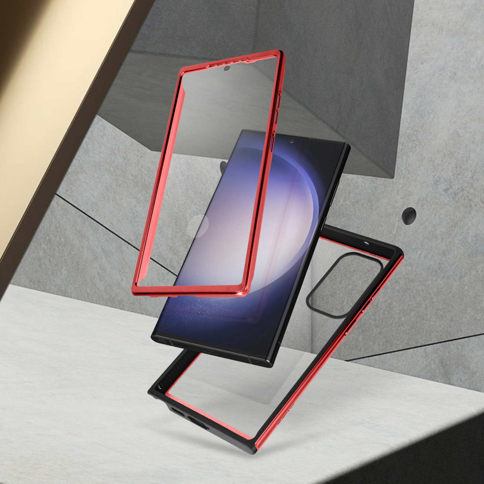 Handyhüllen Teile. Roter Rahmen und schwarzes Telefon. Grauer und Beton Hintergrund.
