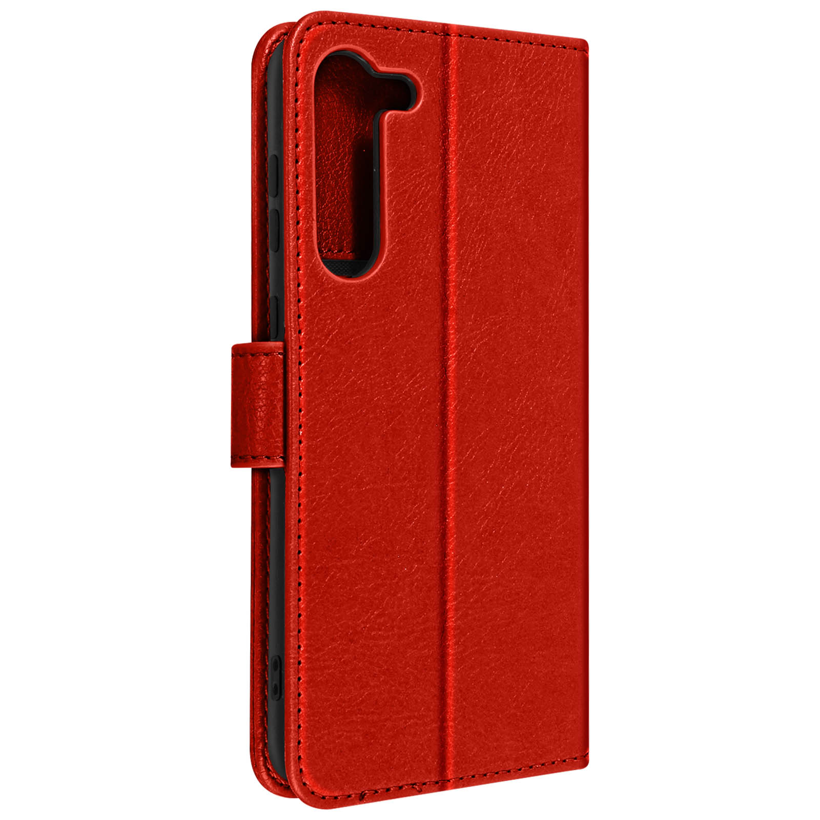 Een rood telefoonhoesje gesloten, met de zijkant met stikseldetails.
