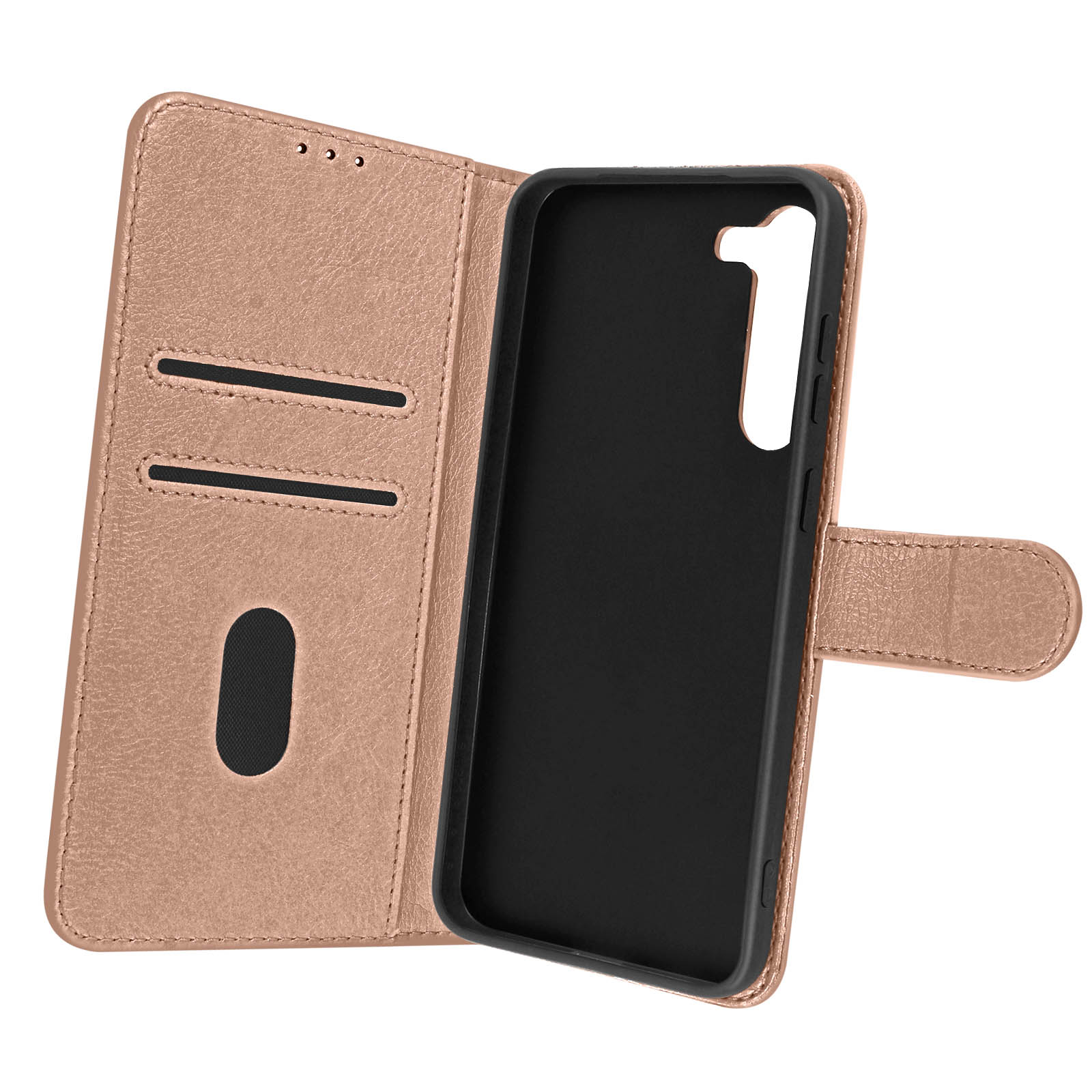 Custodia per telefono oro rosa aperta, con un telefono nero all'interno. La custodia ha fessure per carte all'interno.