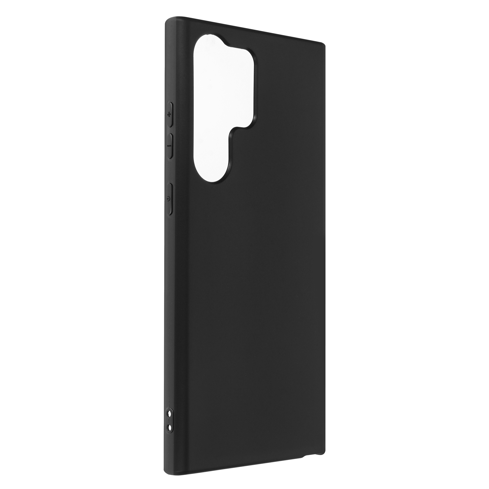 Zwarte telefoonhoes, zijaanzicht. Knoppen en poorten zijn zichtbaar. Witte achtergrond.