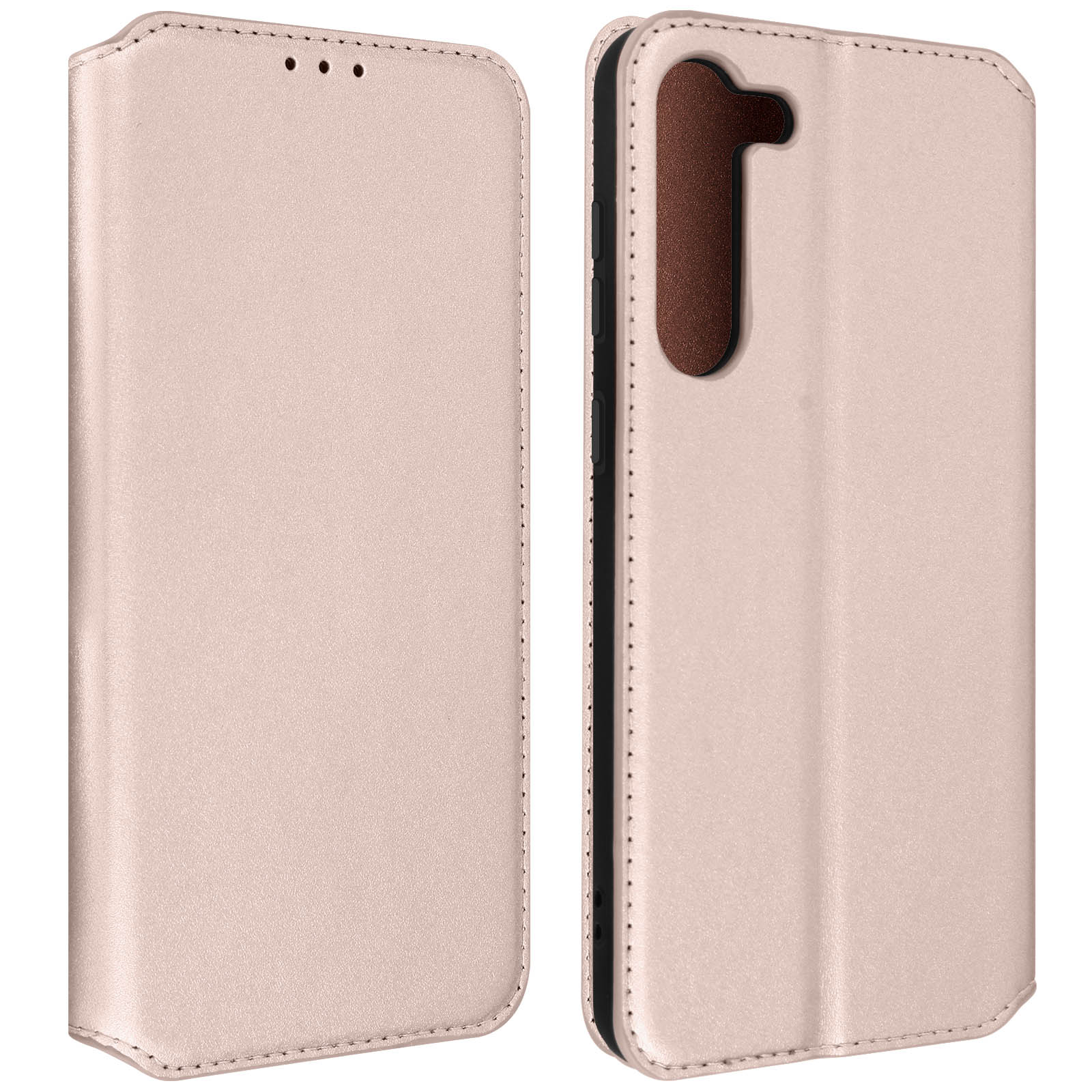 Coque de téléphone, fermée. Deux côtés montrés. Rose clair. Bords cousus. Intérieur marron.