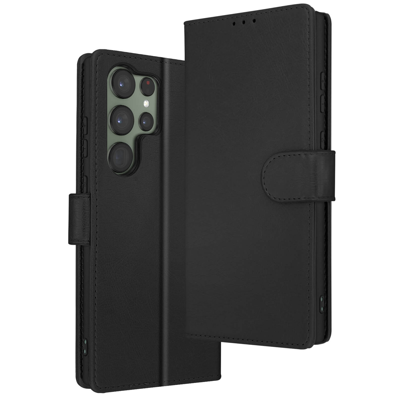 Zwarte leren telefoonhoes, met een telefoon erin, op een witte achtergrond.
