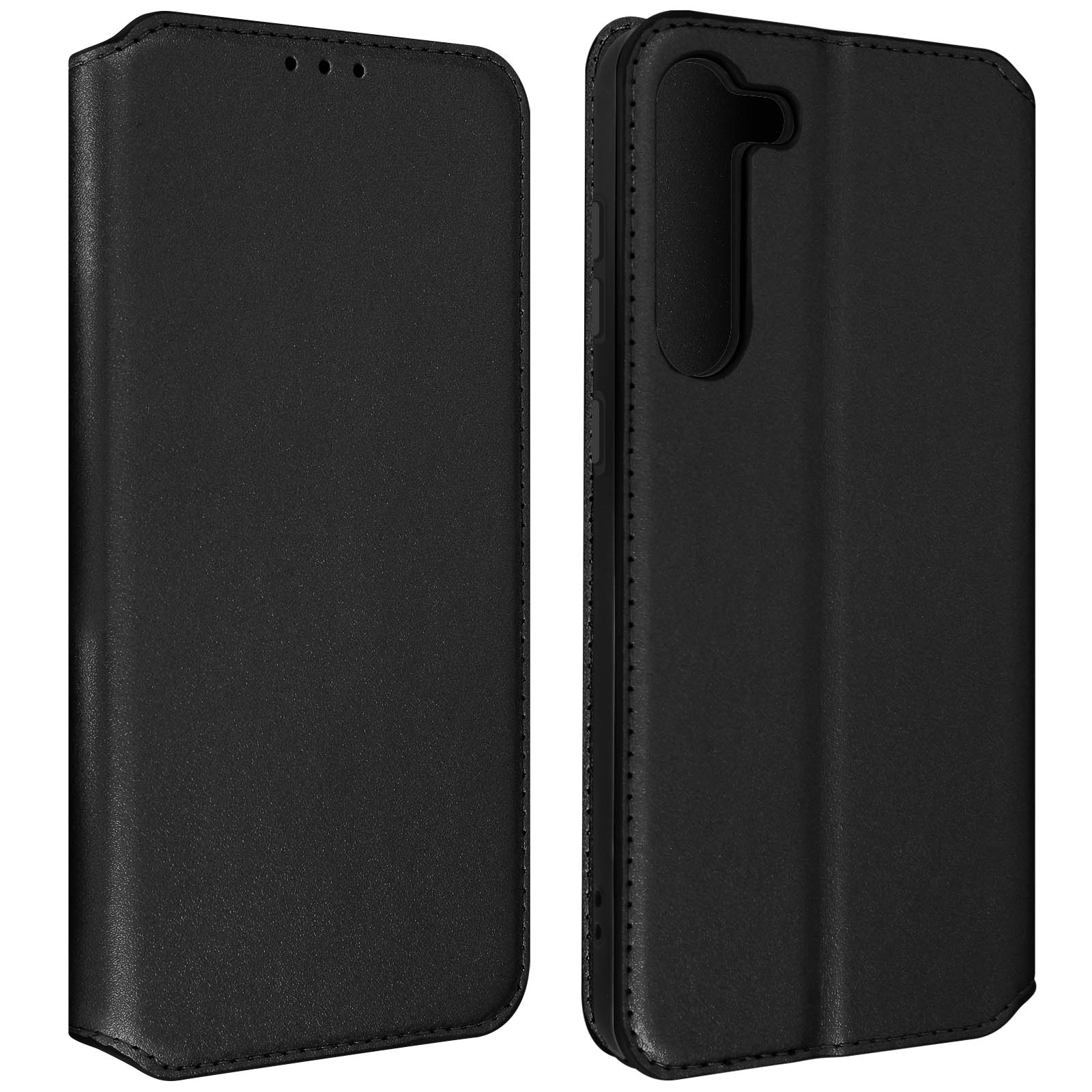 Twee zwarte leren telefoonhoesjes, één gesloten en één open, tegen een witte achtergrond.