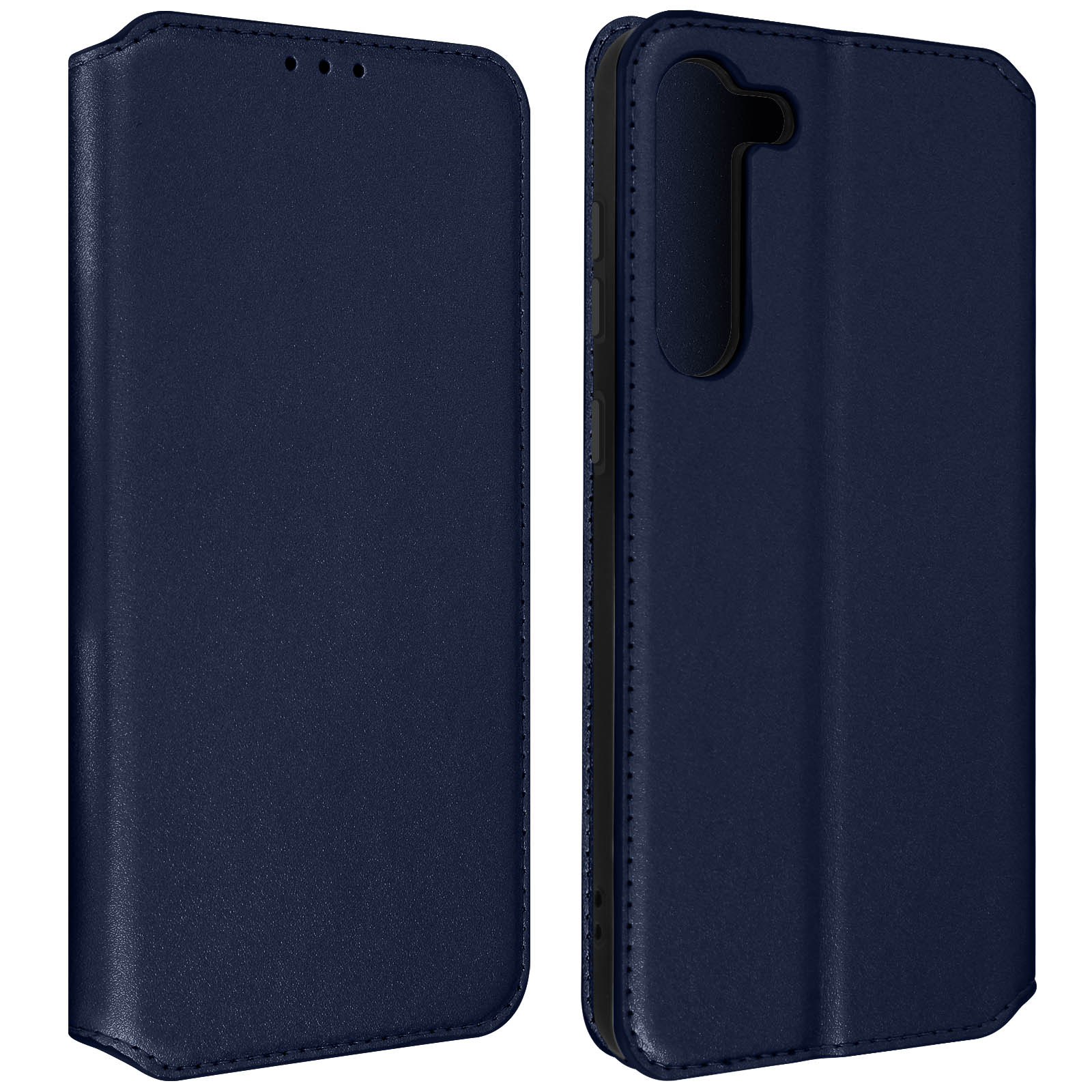 Marineblauwe telefoonhoes. Het is een folio-stijl, met magneetsluiting.