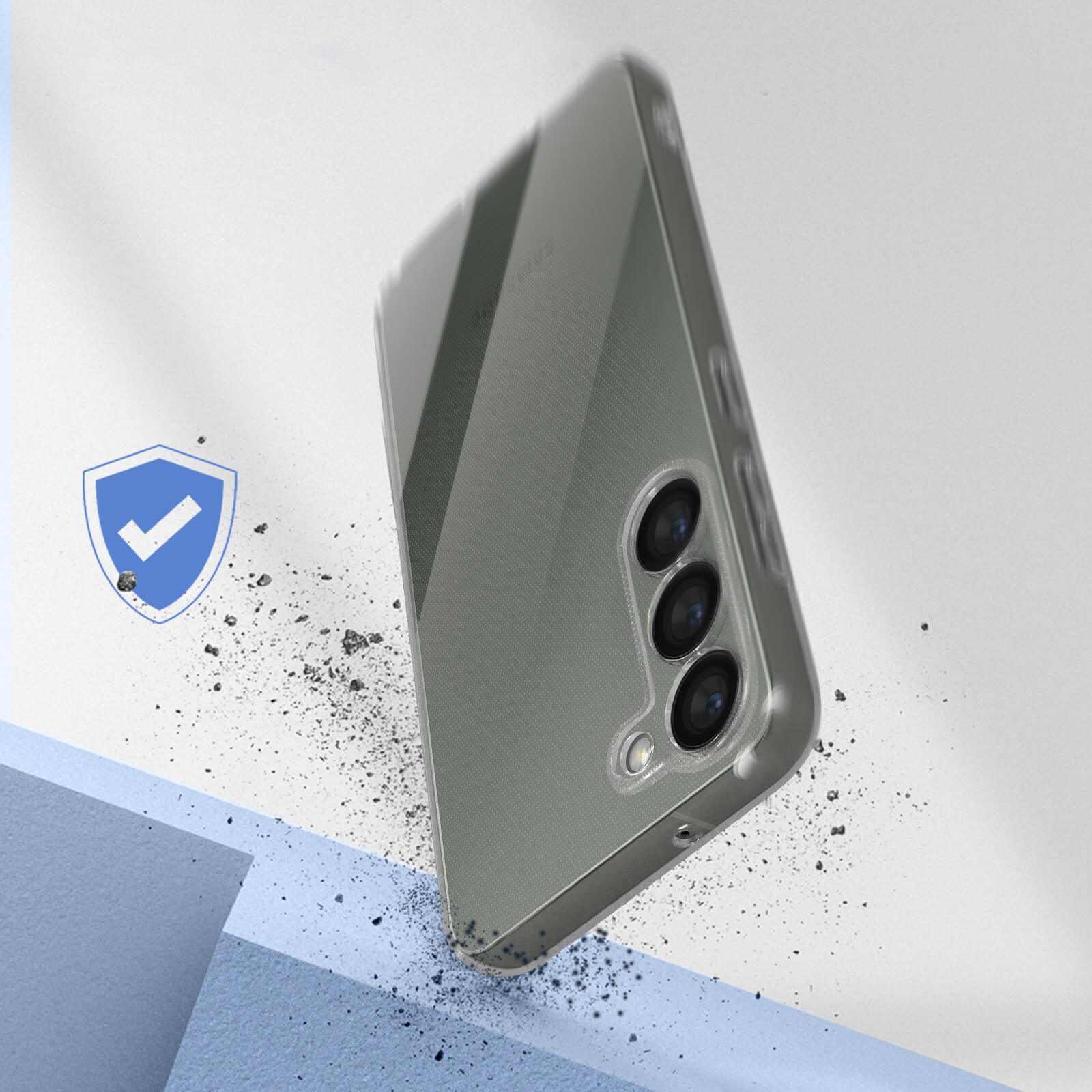 Telefoonhoes valt, met impact. Witte achtergrond. De hoes is transparant. Blauw schild.