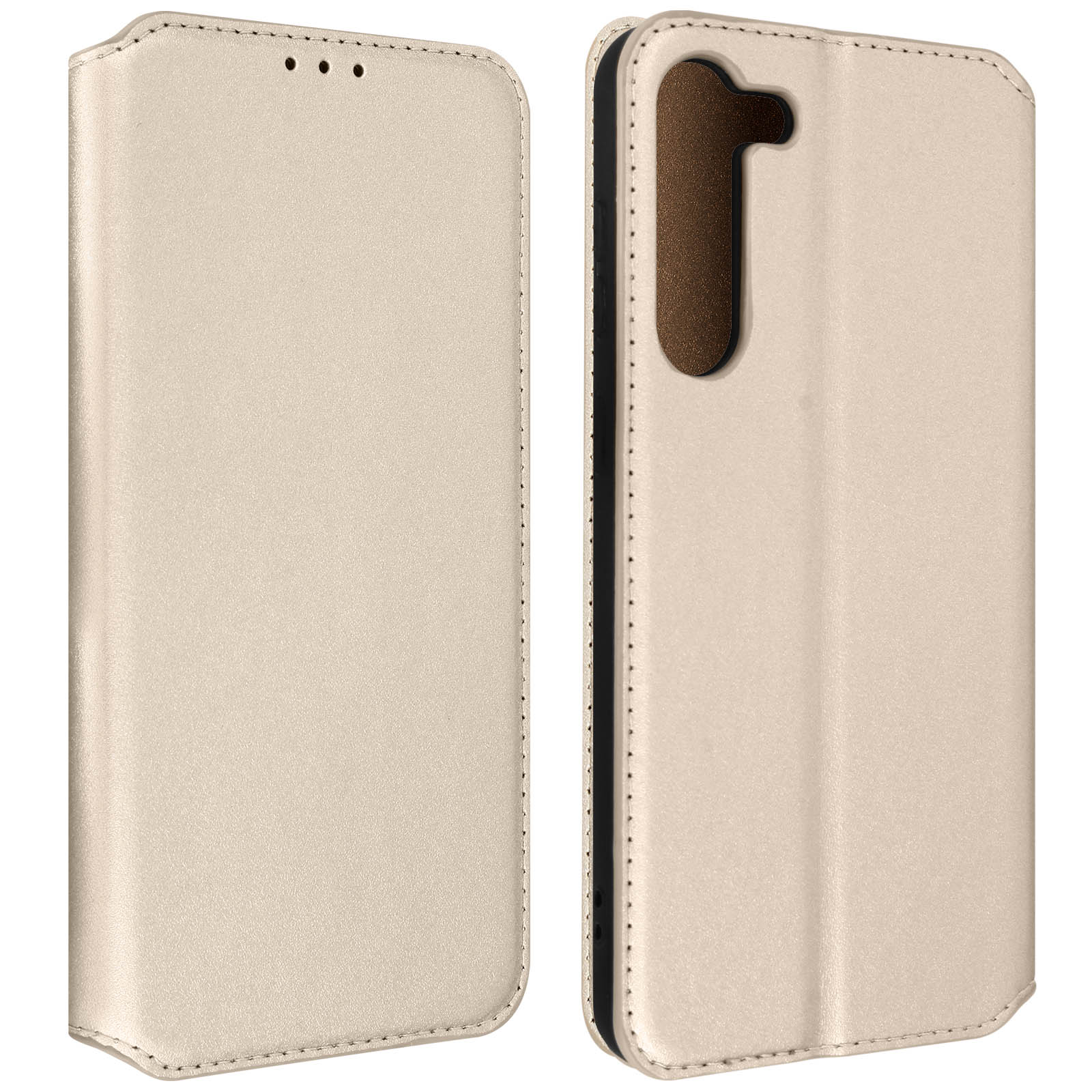 Custodia beige per telefono, aperta. Mostra telefono e interno. Bordi cuciti, interno marrone scuro.