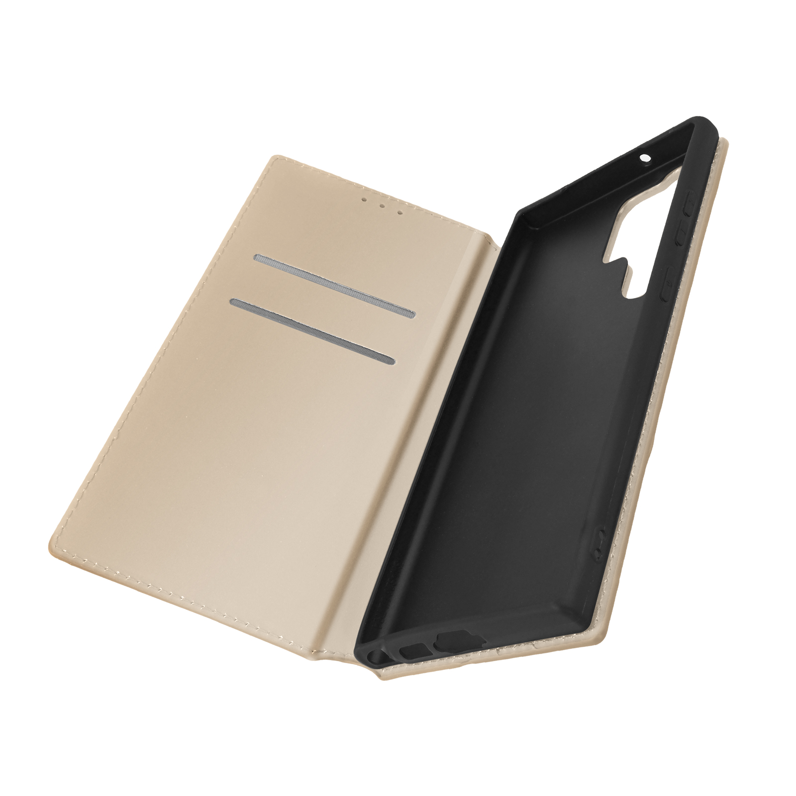 Beige telefoonhoes open, met het interieur en kaartsleuven, op een witte achtergrond.