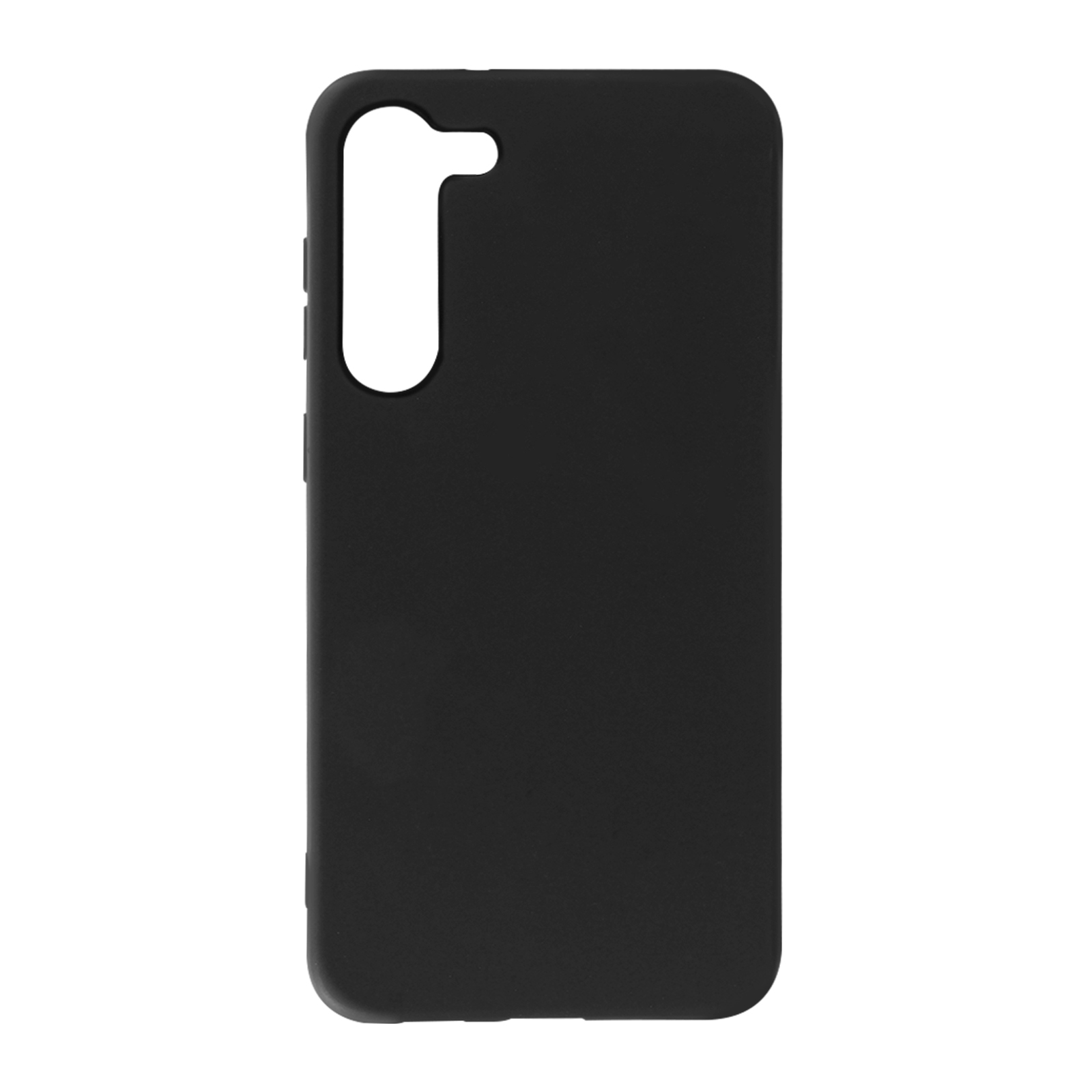 Coque de téléphone noire avec trou pour caméra et découpes pour boutons. Fond blanc.