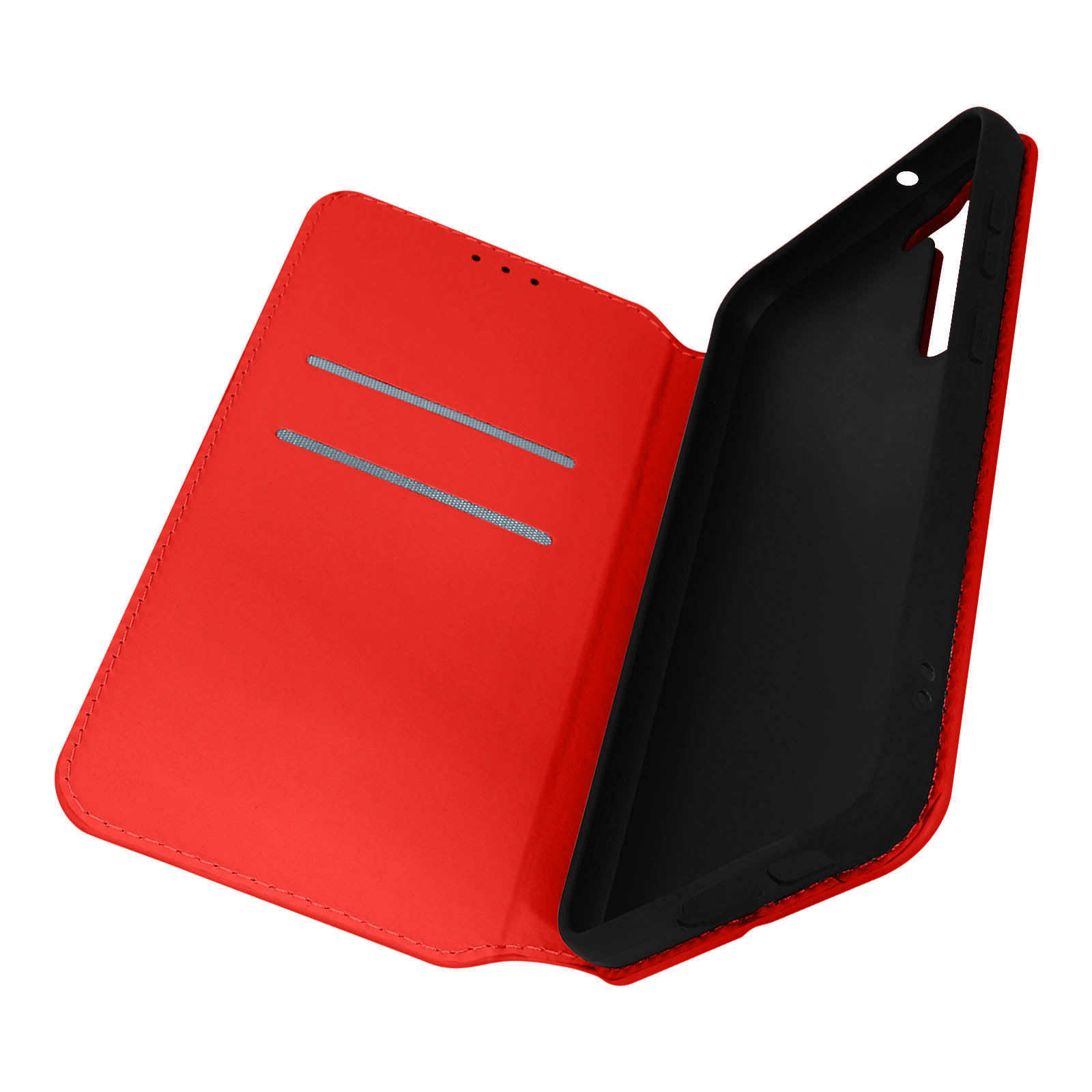 Un étui à rabat rouge pour téléphone, ouvert pour révéler l'intérieur, y compris les fentes pour cartes et un téléphone.
