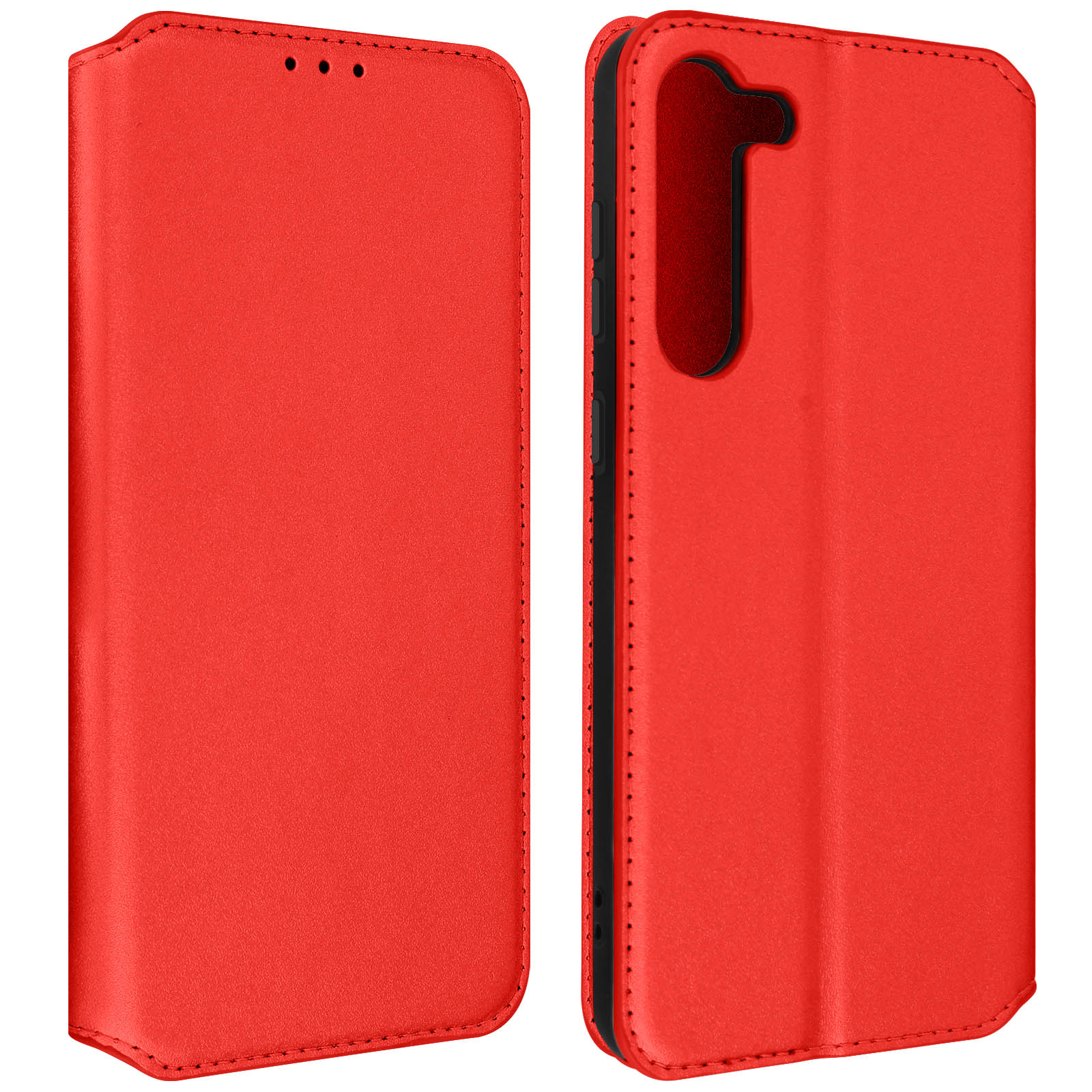 Une coque de téléphone rouge, ouverte, montrant l'intérieur et l'extérieur. Fond blanc.