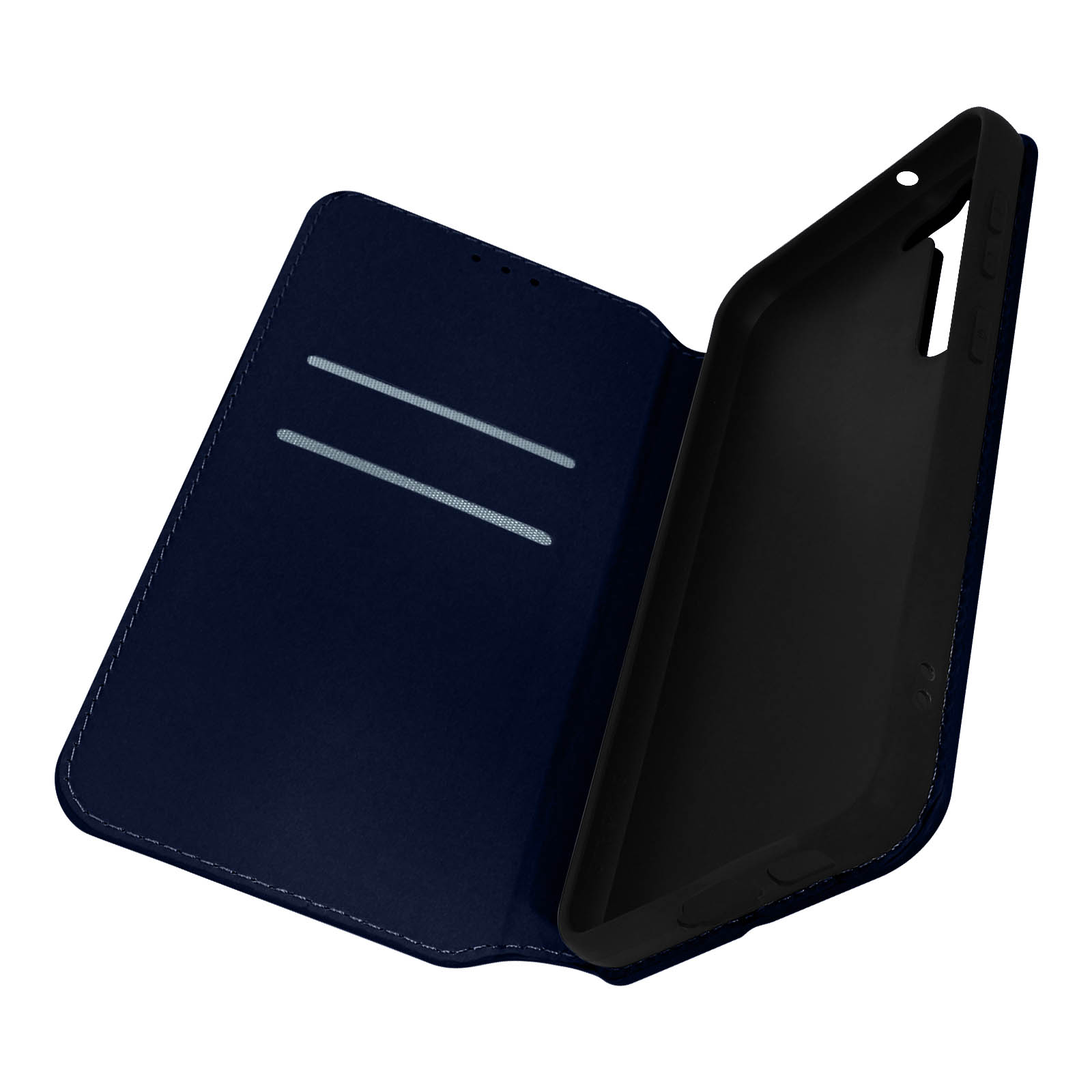 Coque de téléphone bleue, ouverte pour révéler l'intérieur, montrant des fentes pour cartes.