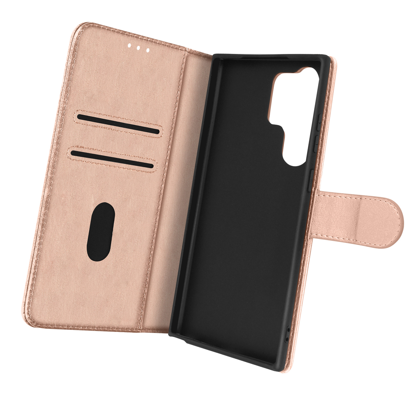 Open telefoonhoes in een beige kleur. Telefoon in de hoes. Zwart interieur.