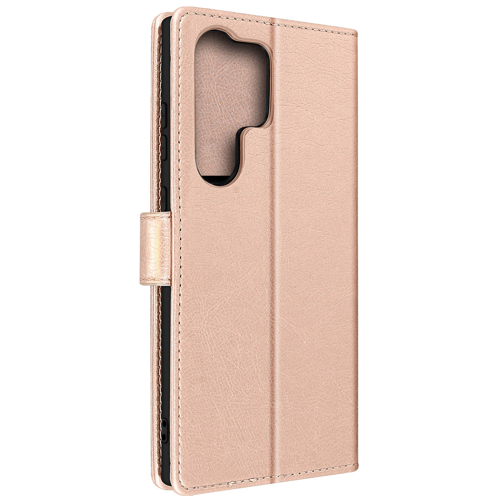 Roze leren telefoonhoes met een flap. De camera van de telefoon is zichtbaar.