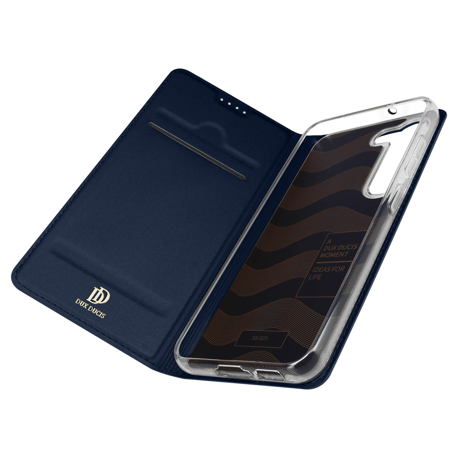 Una custodia per telefono, aperta per rivelare il telefono. È una custodia blu navy con una cover trasparente. Sfondo bianco.