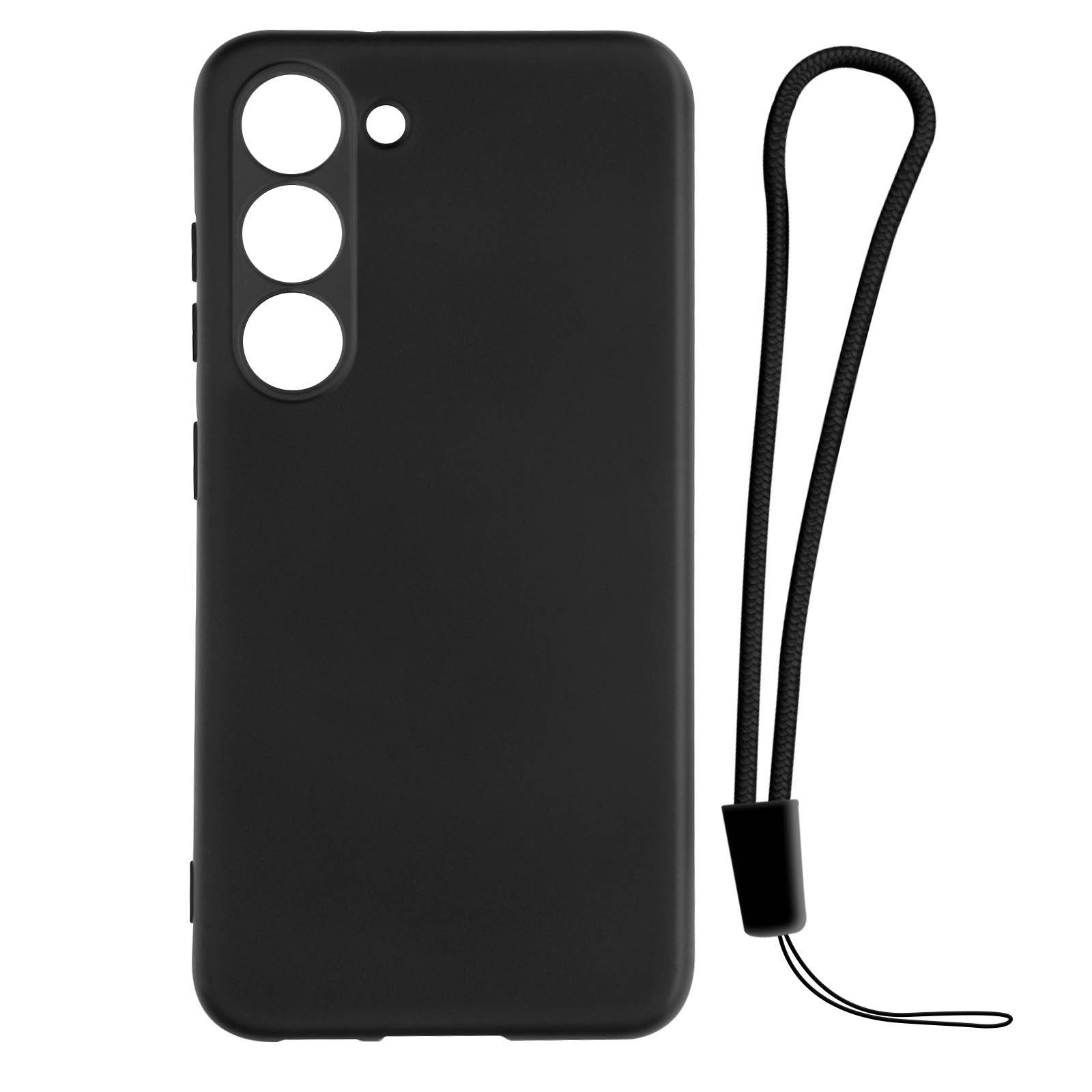 Zwarte telefoonhoes en een zwart koord. De achtergrond is wit. De hoes is gecentreerd.