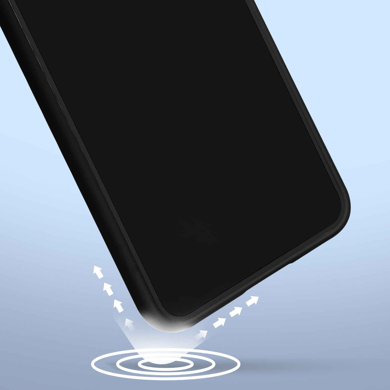 Close-up van telefoonhoesje. Blauwe achtergrond. Pijlen wijzen.