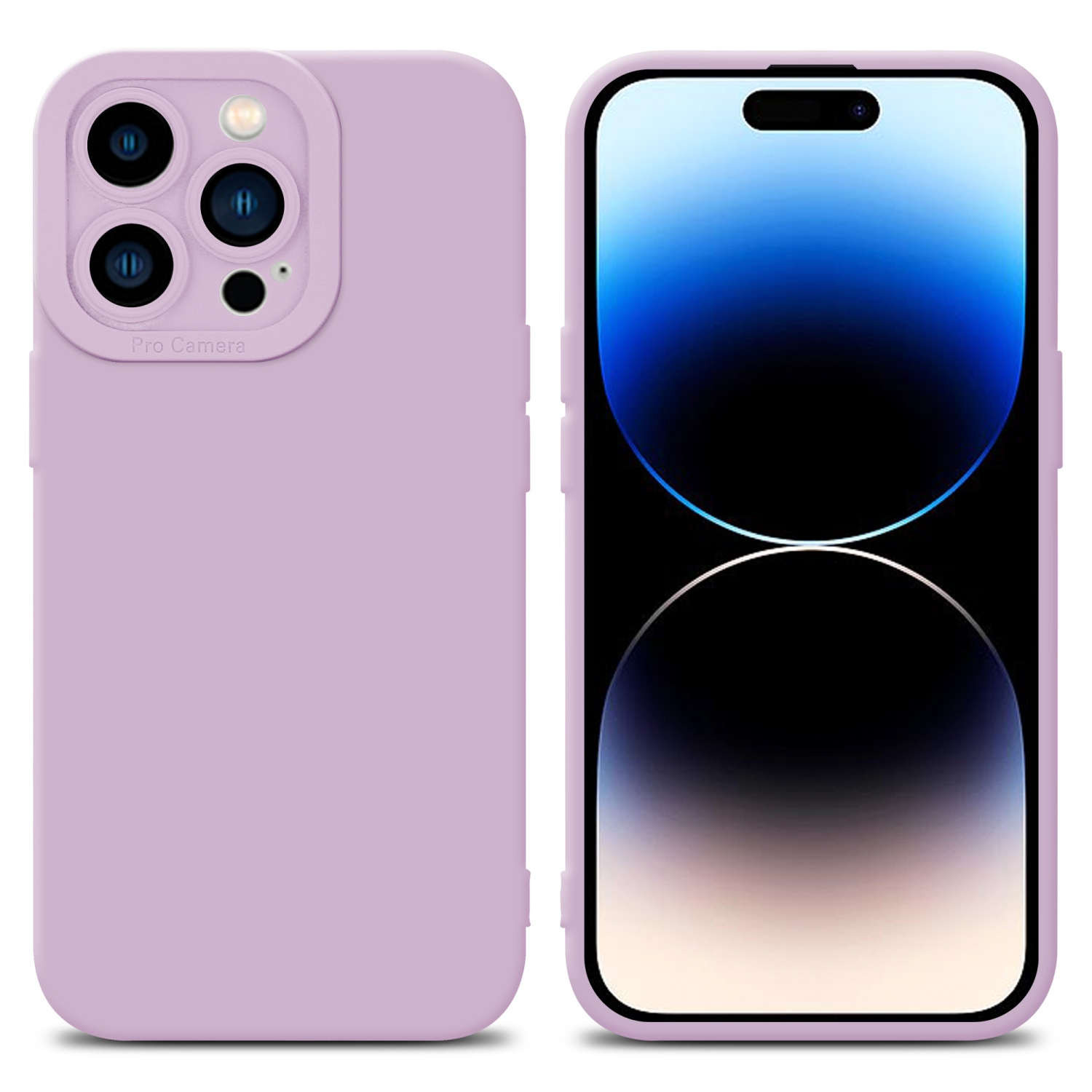 Lila Handyhülle mit drei Kameras, neben einem Handy mit blau-lila Bildschirm.