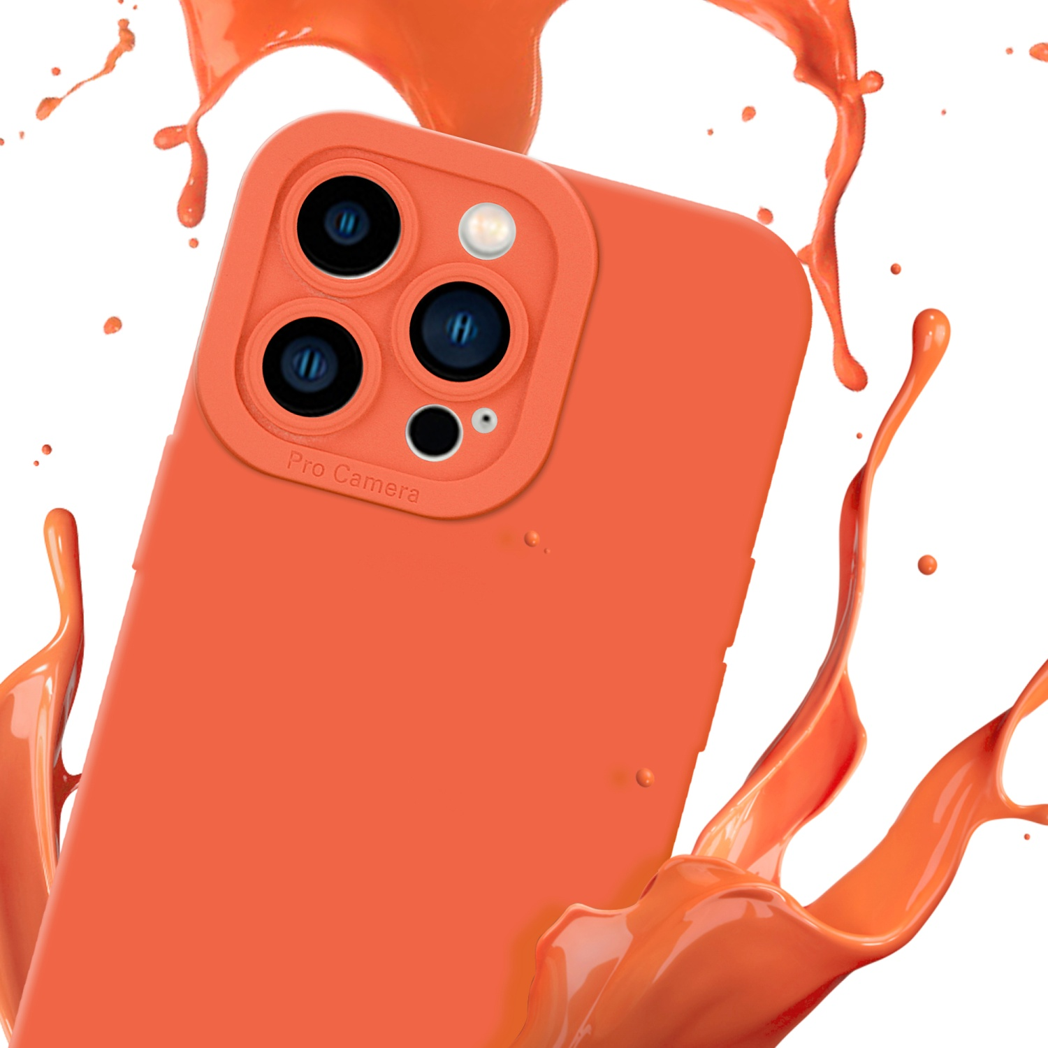 Custodia arancione con dettagli della fotocamera. Schizzo di vernice arancione intorno al telefono.