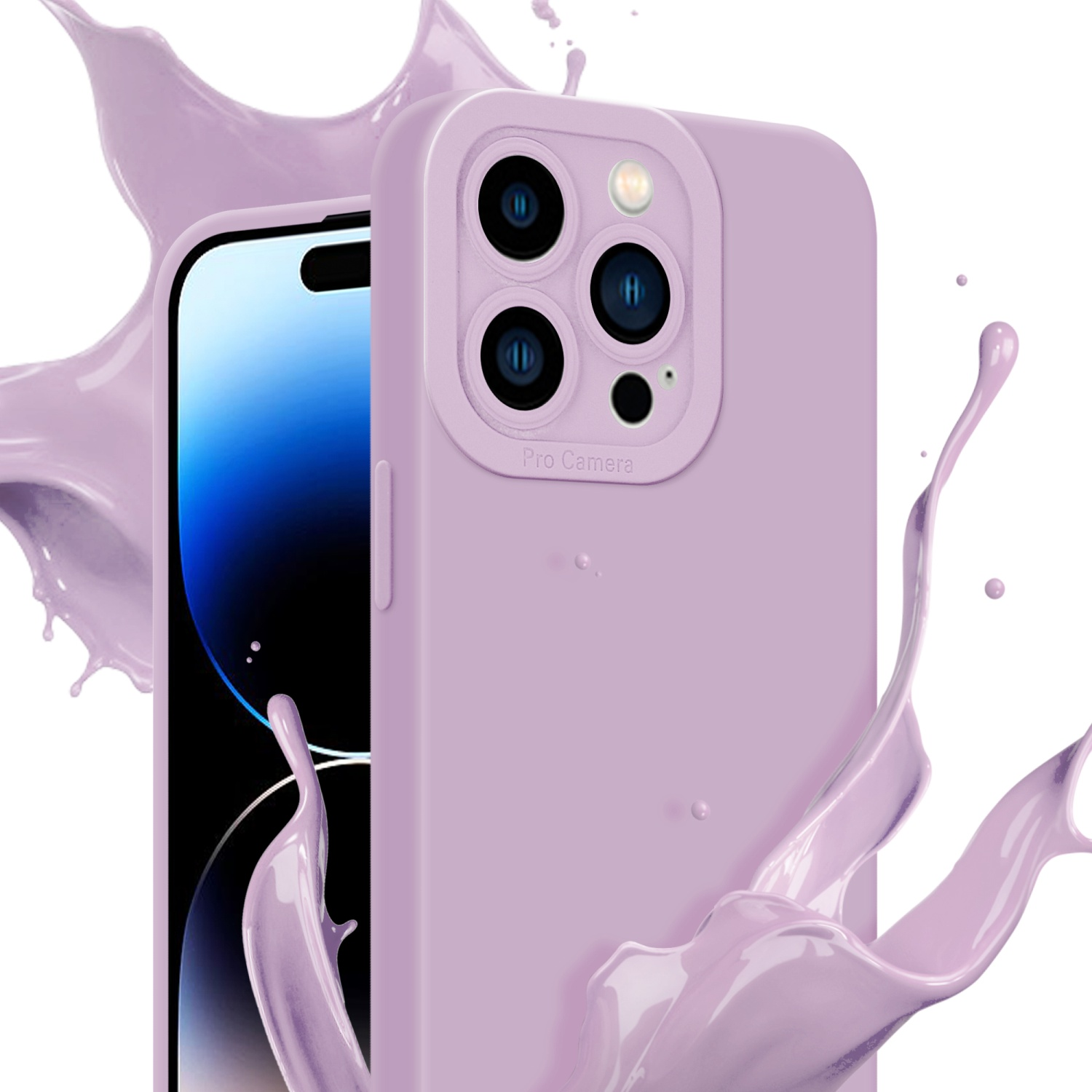 Lila Handyhülle mit einem Spritzer lila Farbe, mit einem Telefon darin.
